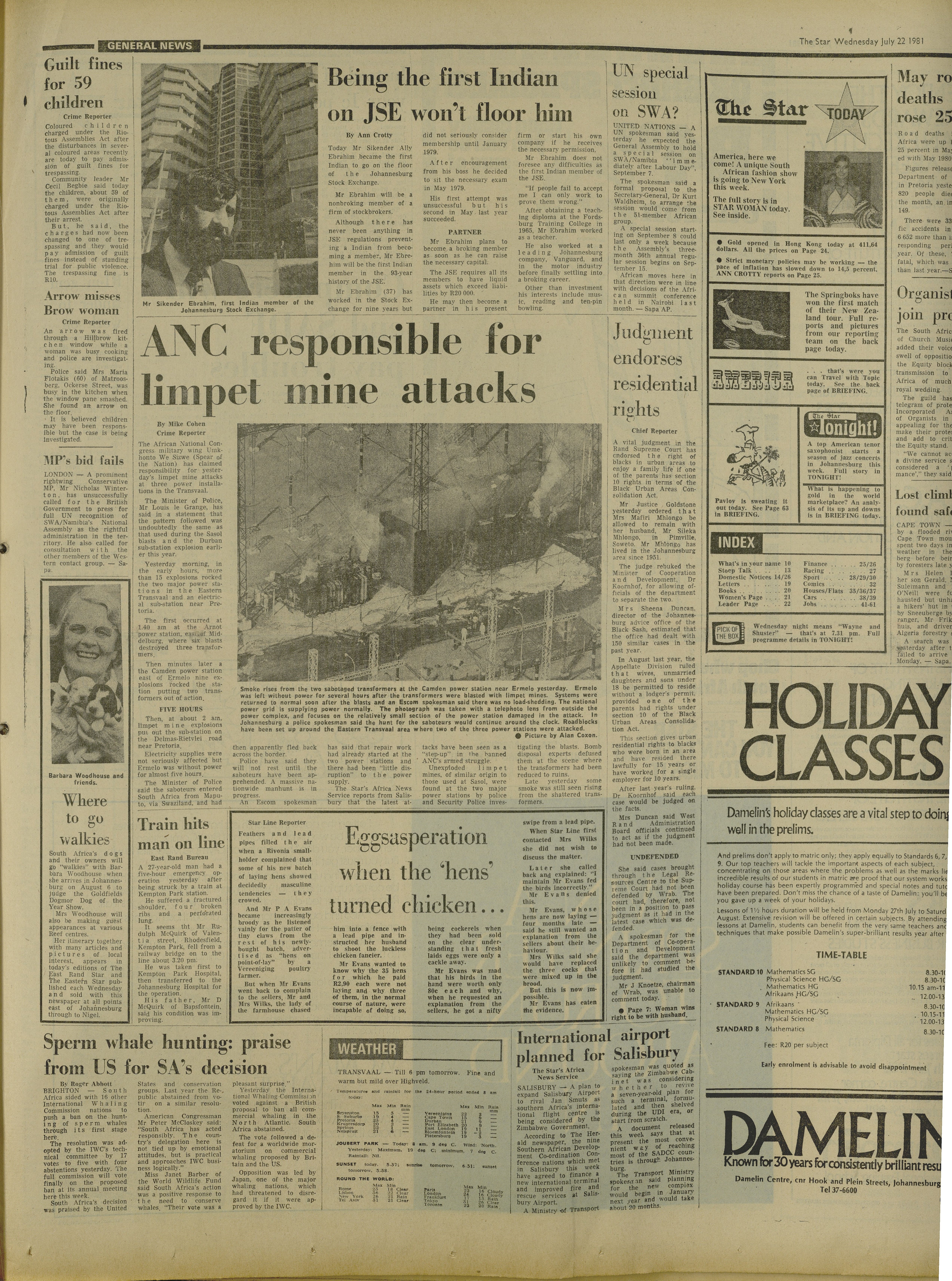 Power stations operation, ANC responsible for limpet mine attacks, Star, 22 July 1981