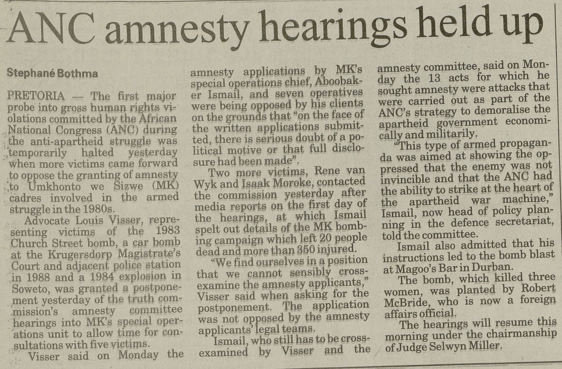 SA Air Force operation, ANC amnesty hearings held up,  Pretoria News, 23 May 1998SA Air Force operation, ANC amnesty hearings held up,  Pretoria News, 23 May 1998