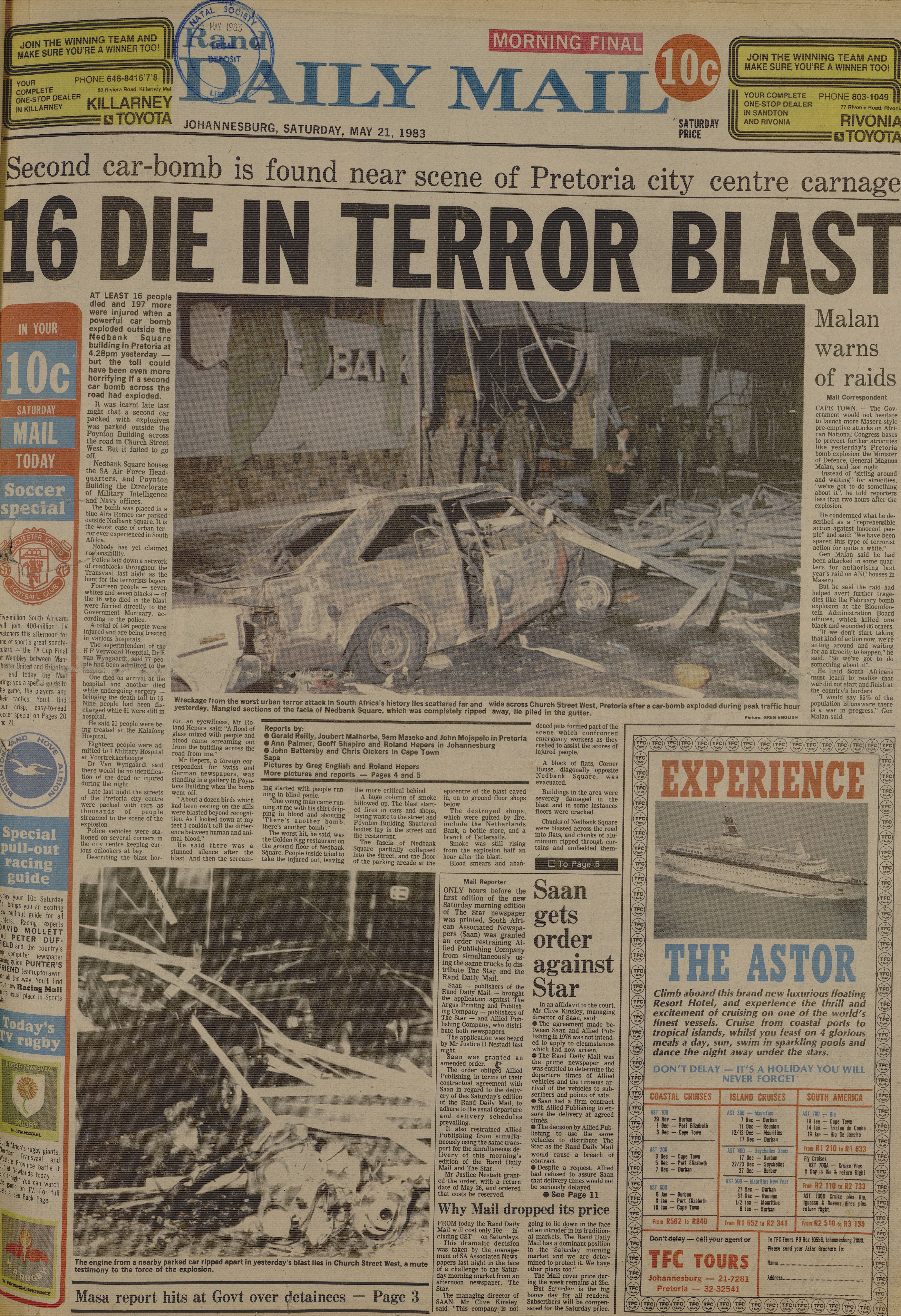 SA Air Force operation, 16 die in terror blast, The Rand Daily Mail,  21 May 1983