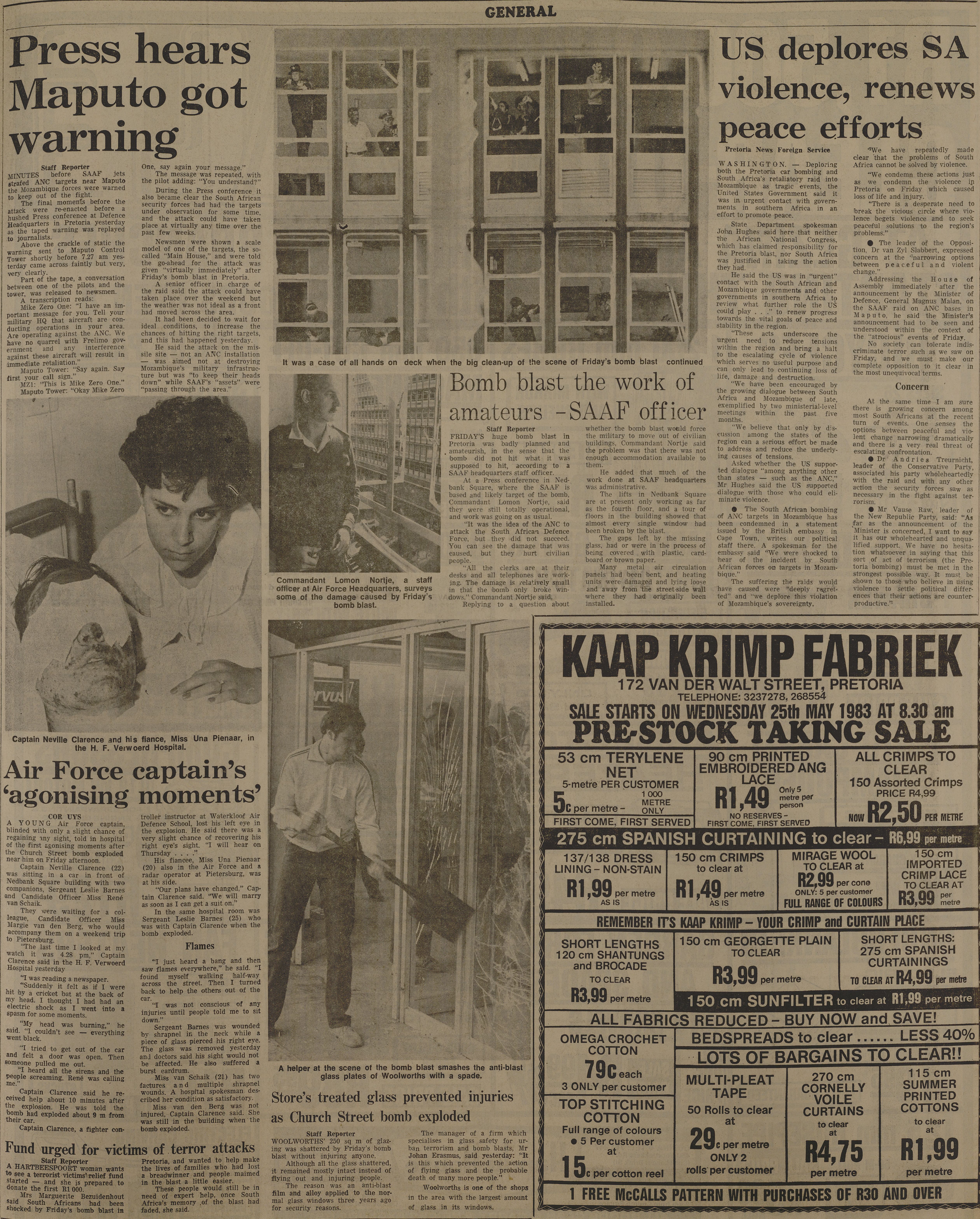 SA Air Force operation, US deplores SA violence, renews peace efforts, Pretoria News, May 1983