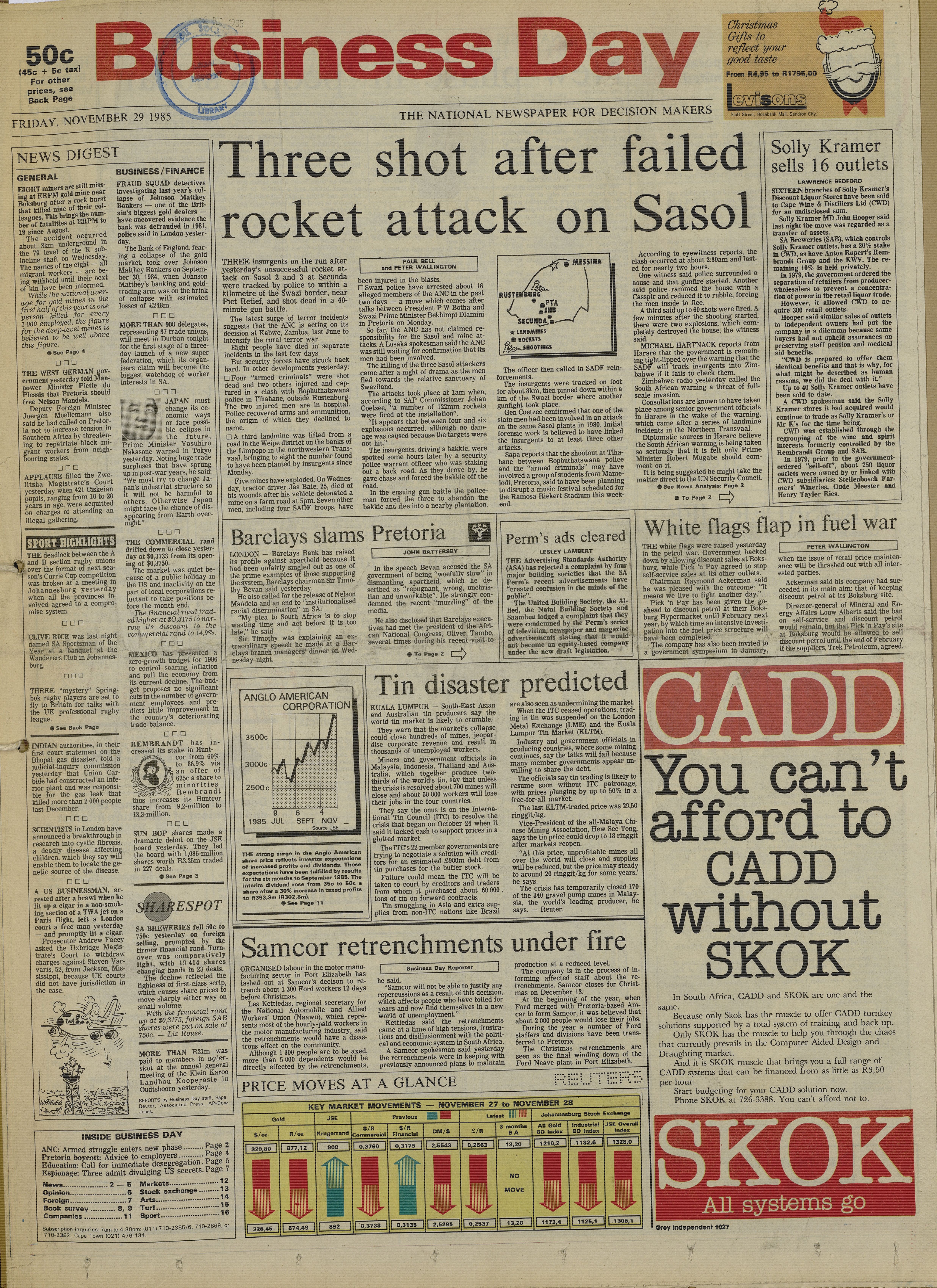 Three shot after failed rocket attack on Sasol, by Bell and Wellington, Business Day, 29 November 1985