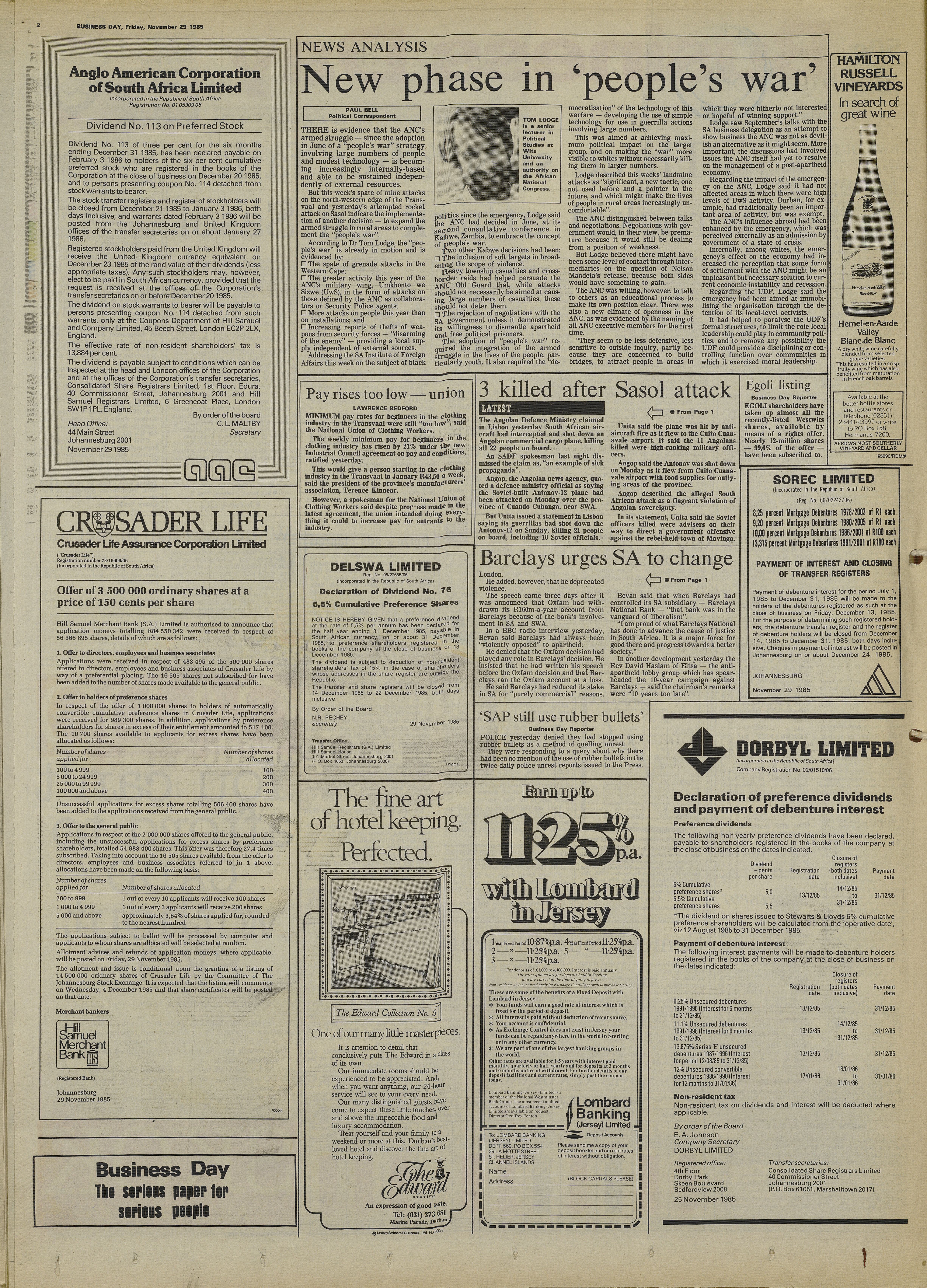 Three shot after failed rocket attack on Sasol, by Bell and Wellington, Business Day, 29 November 1985, 2
