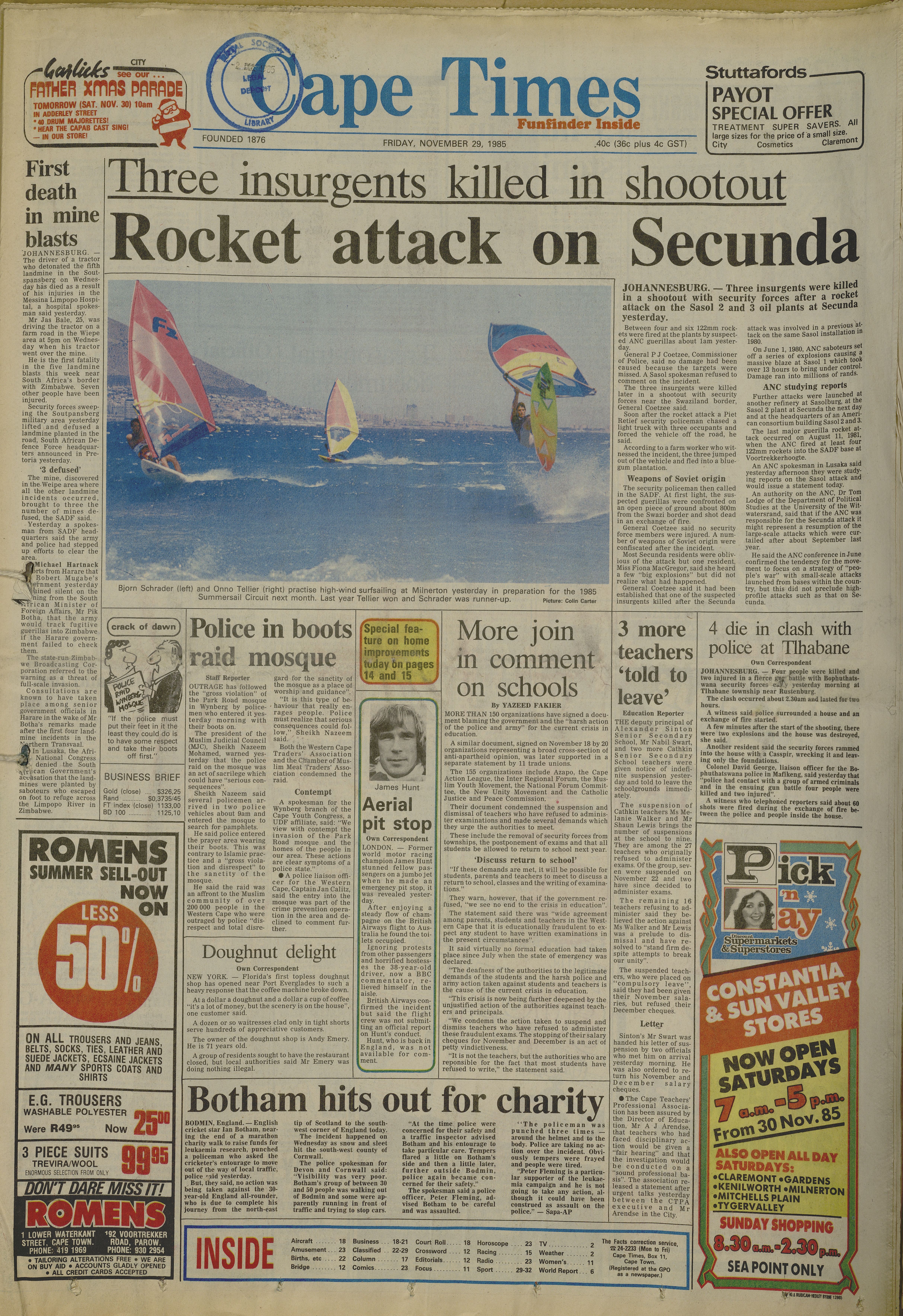Rocket attack on Secunda, Cape Times, 29 November 1985
