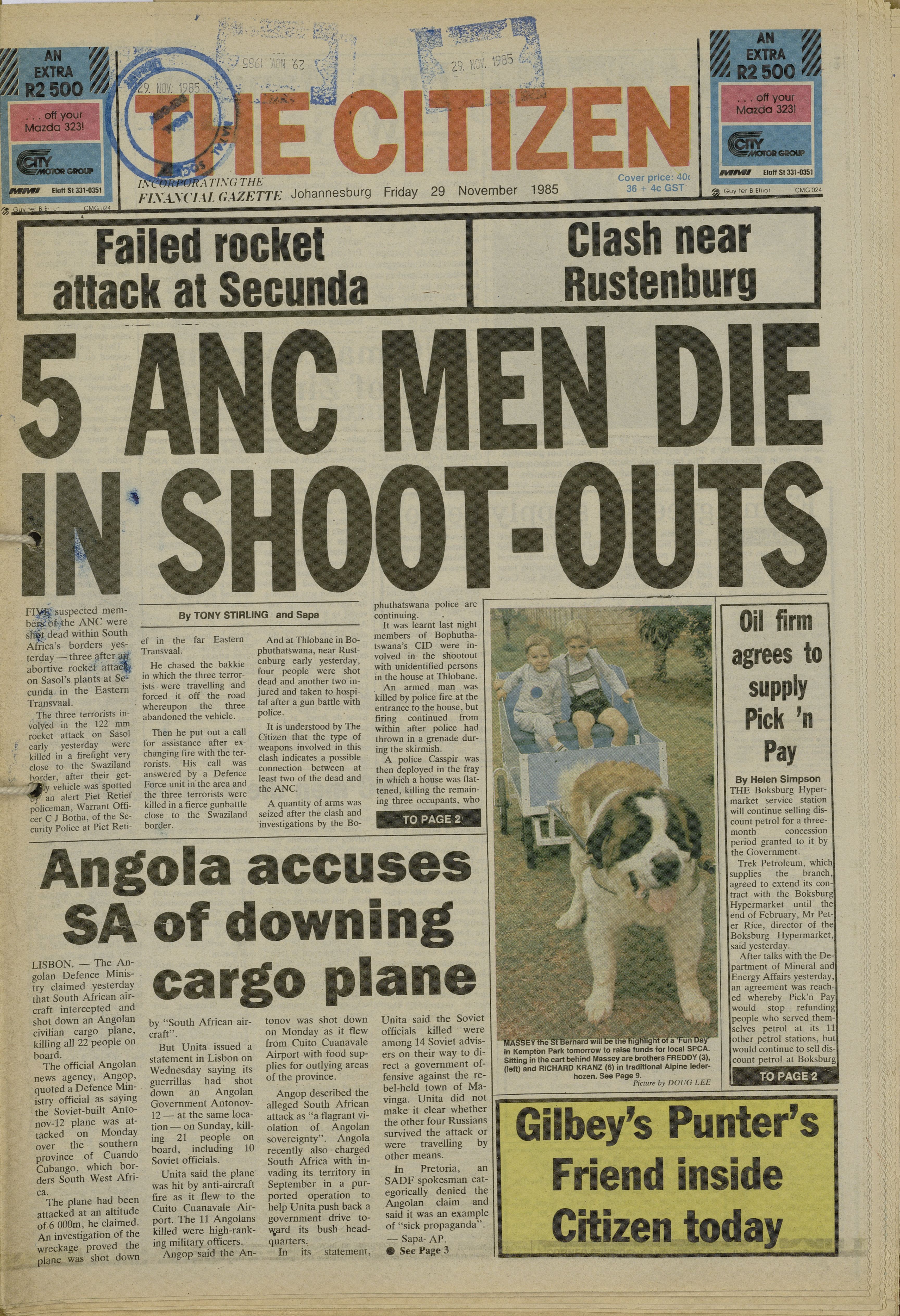  5 ANC men die in shoot-outs, by Tony Stirling, The Citizen, 28 November 1985