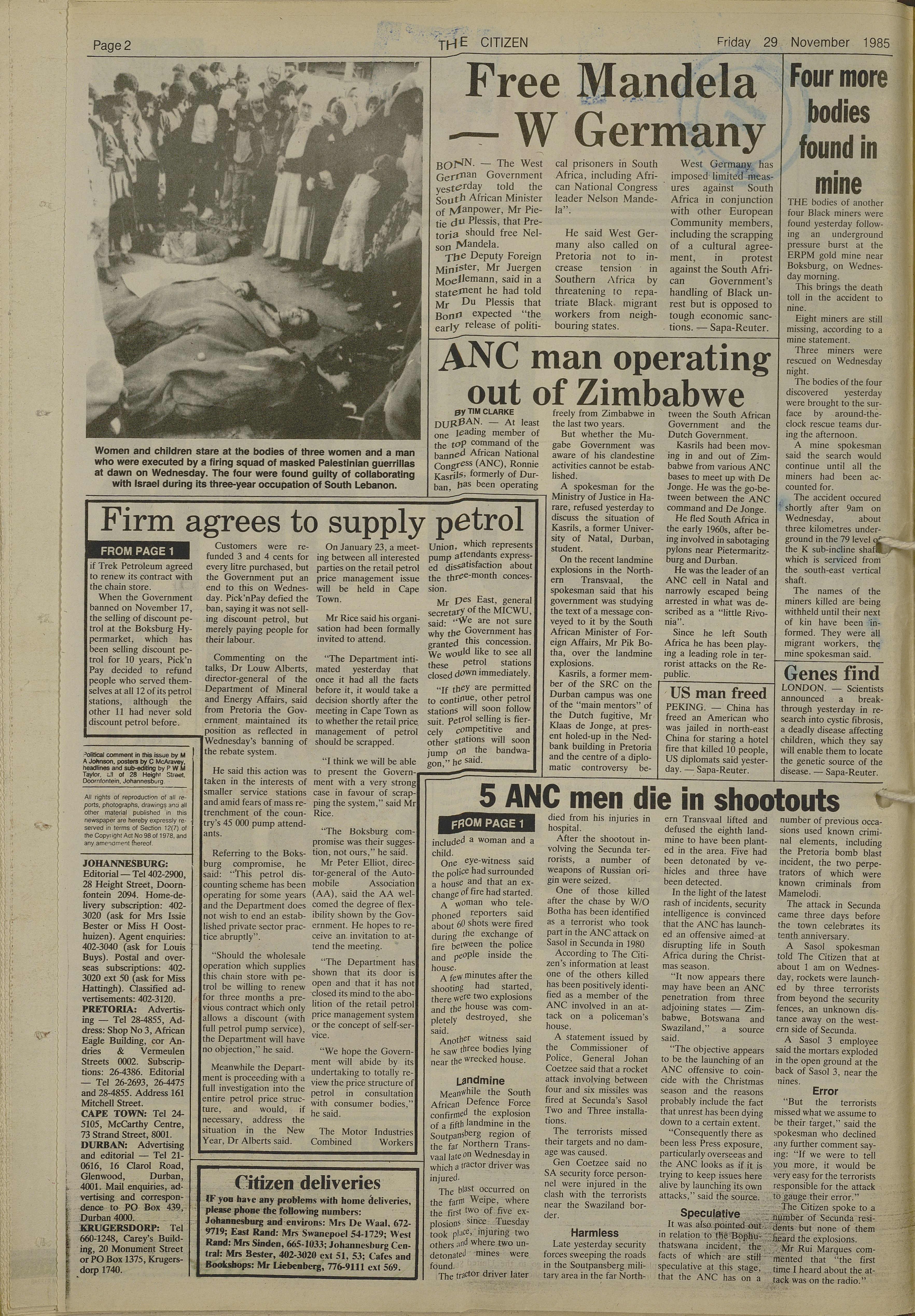  5 ANC men die in shoot-outs, by Tony Stirling, The Citizen, 28 November 1985