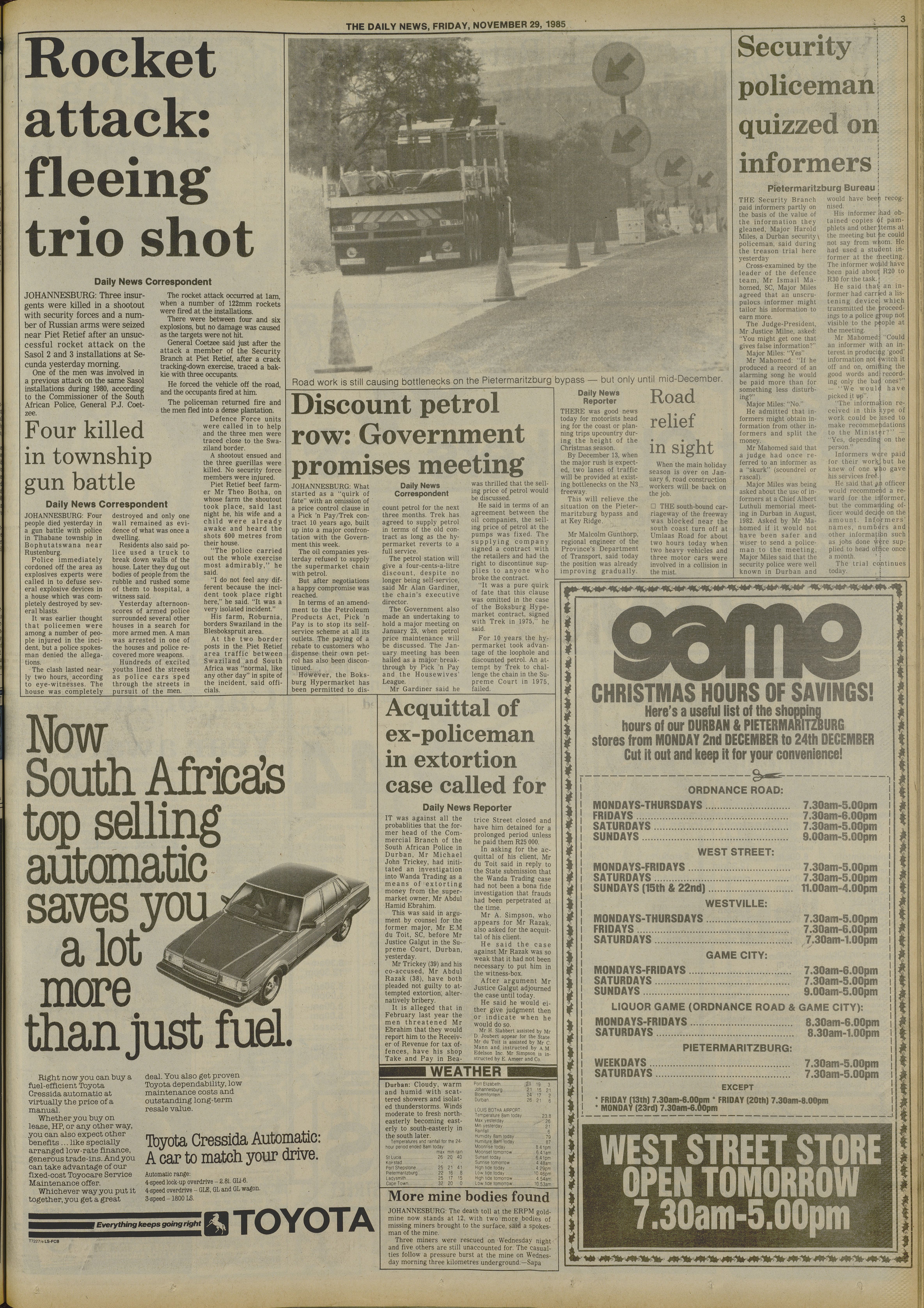 Rocket attack: fleeing trio shot, The Daily News, 29 November 1985