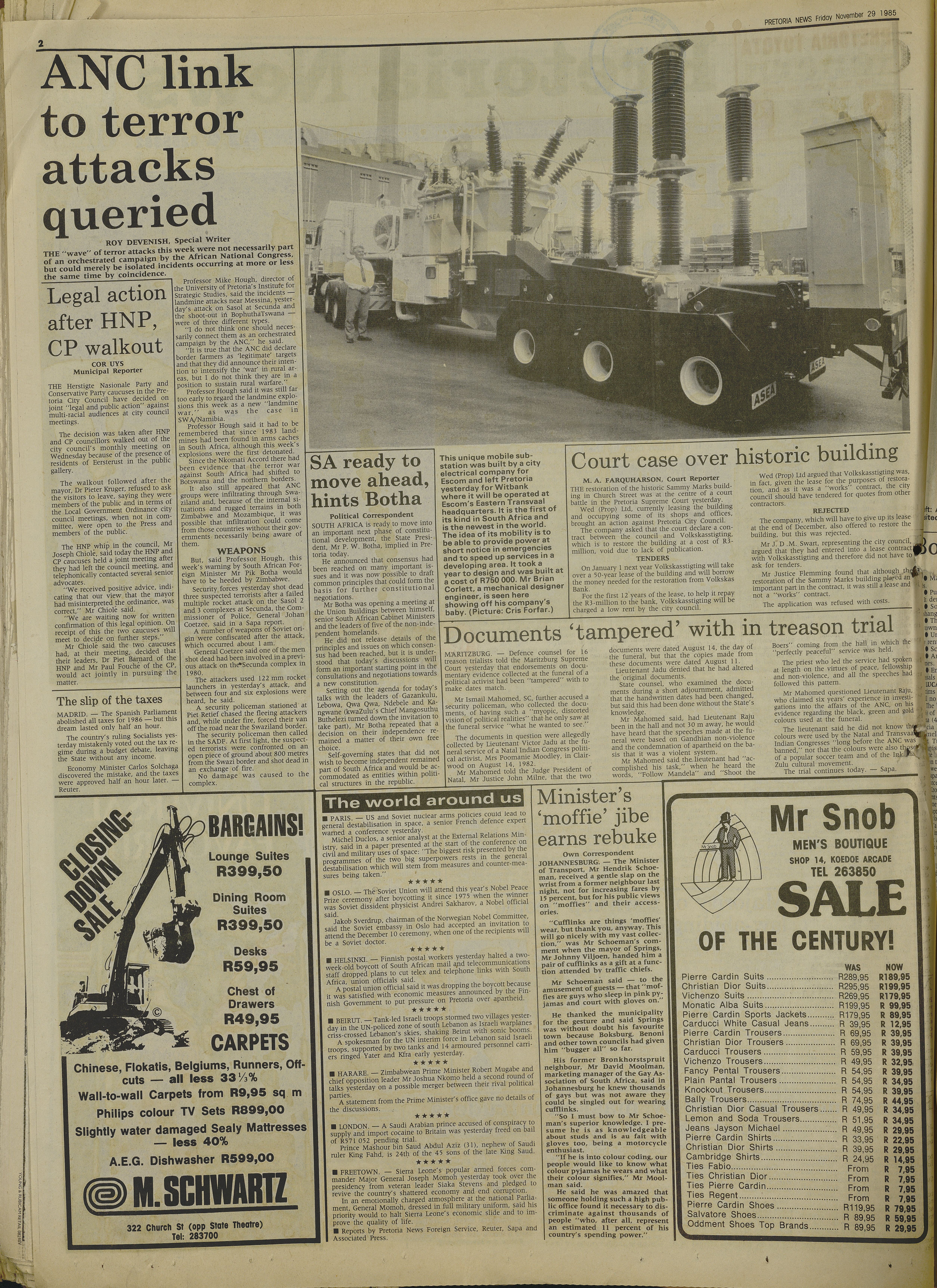 ANC link to terror attacks queried, by Roy Devenish, Pretoria News, 29 November 1985