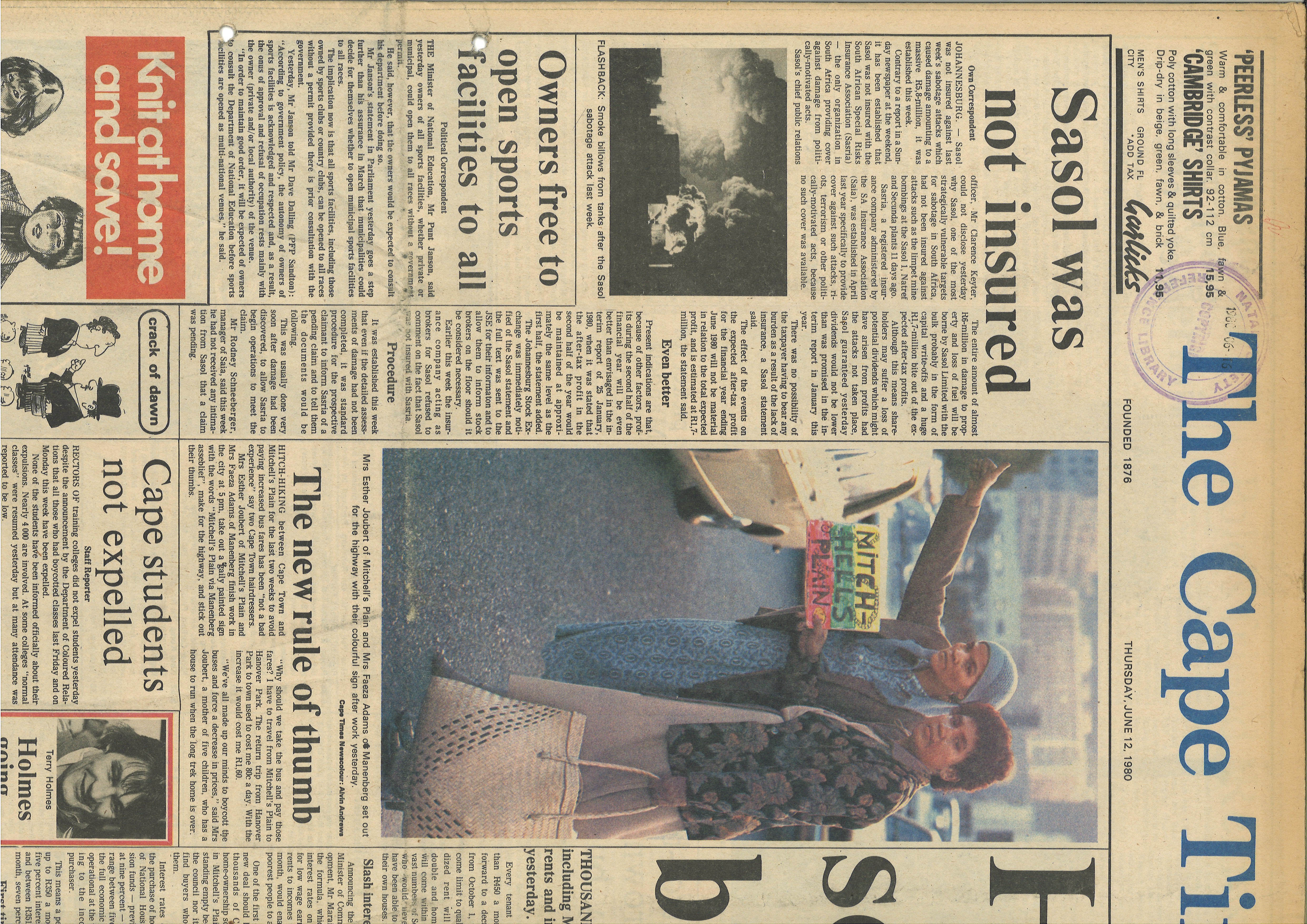 Sasol was not insured,  Cape Times, 12 June 1980 