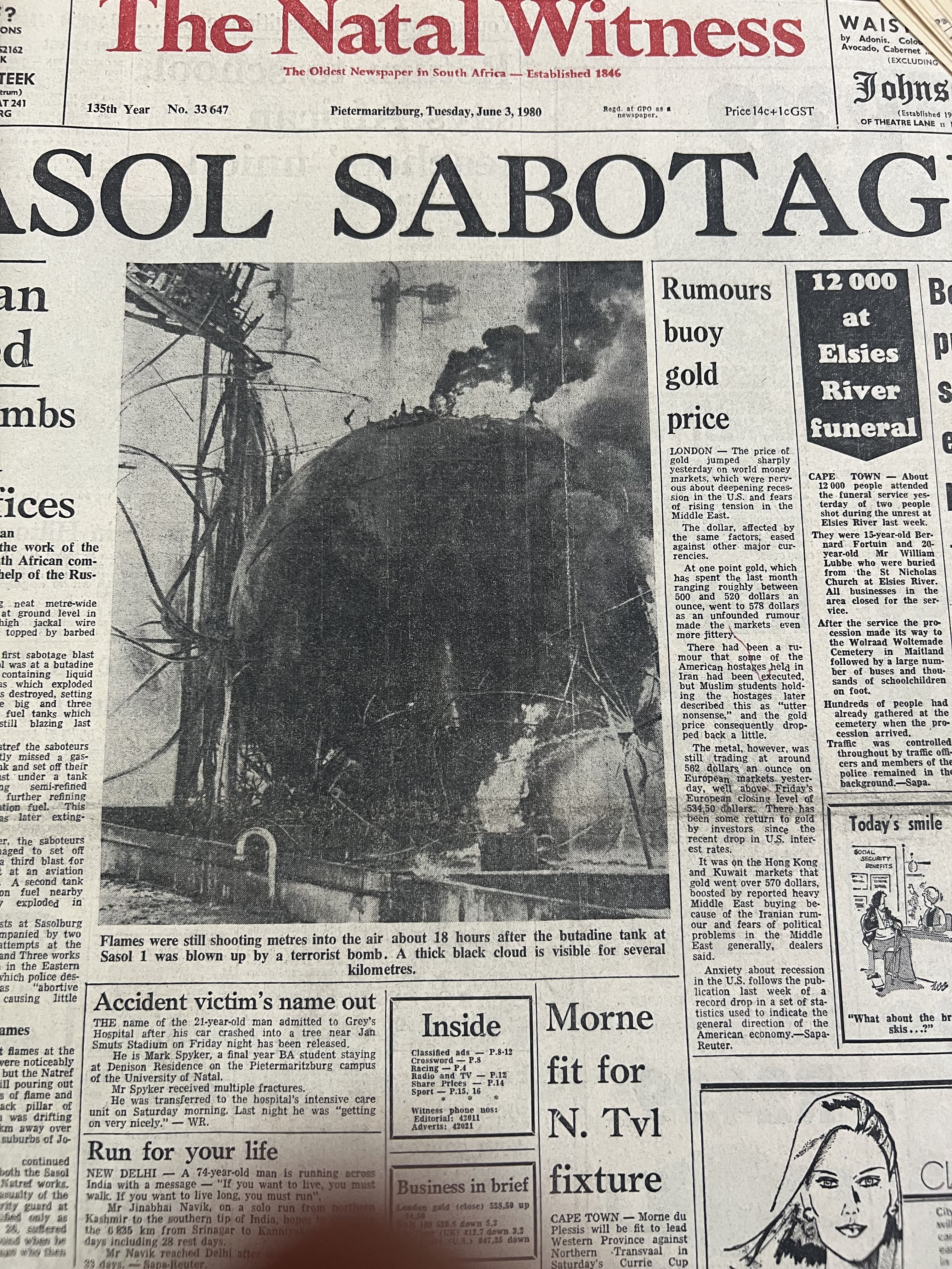 Sasol sabotage, The Natal Witness, 3 June 1980