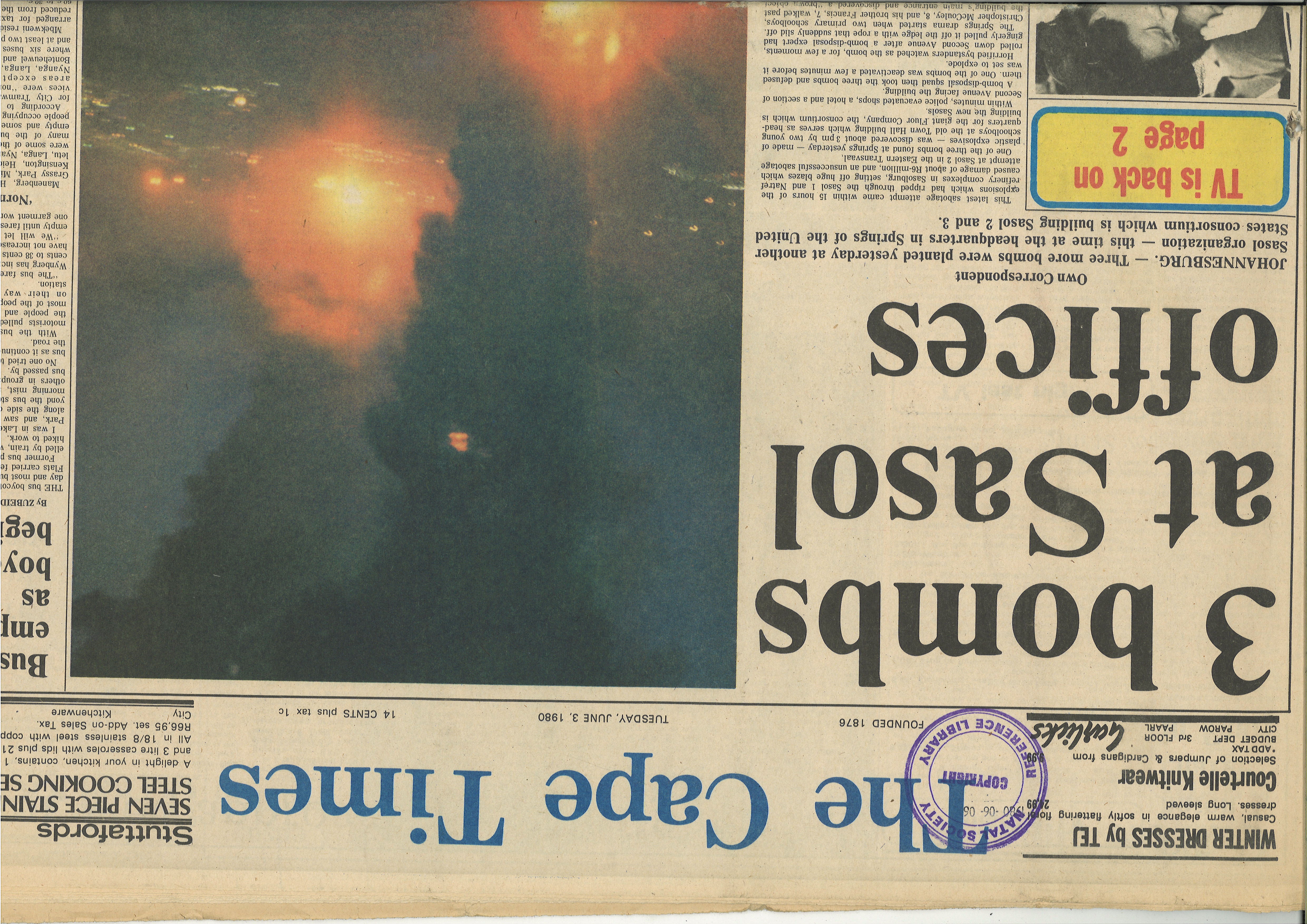 Three bombs at Sasol offices, The Cape Times, 3 June 1980, Part 1