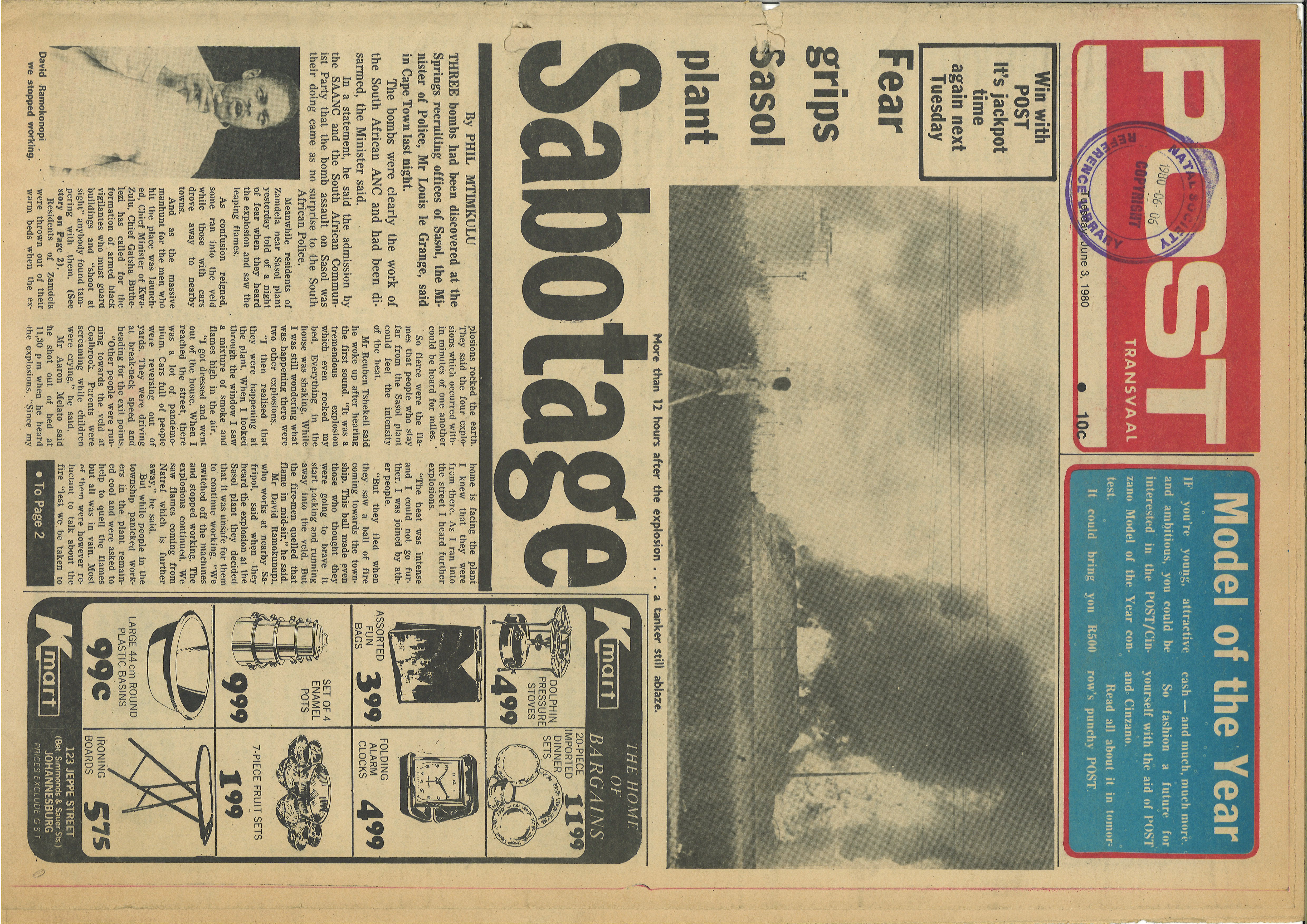 Sabotage, fear grips Sasol plant, by Phil Mtimkulu, Post Transvaal, 3 June 1980, Part 1