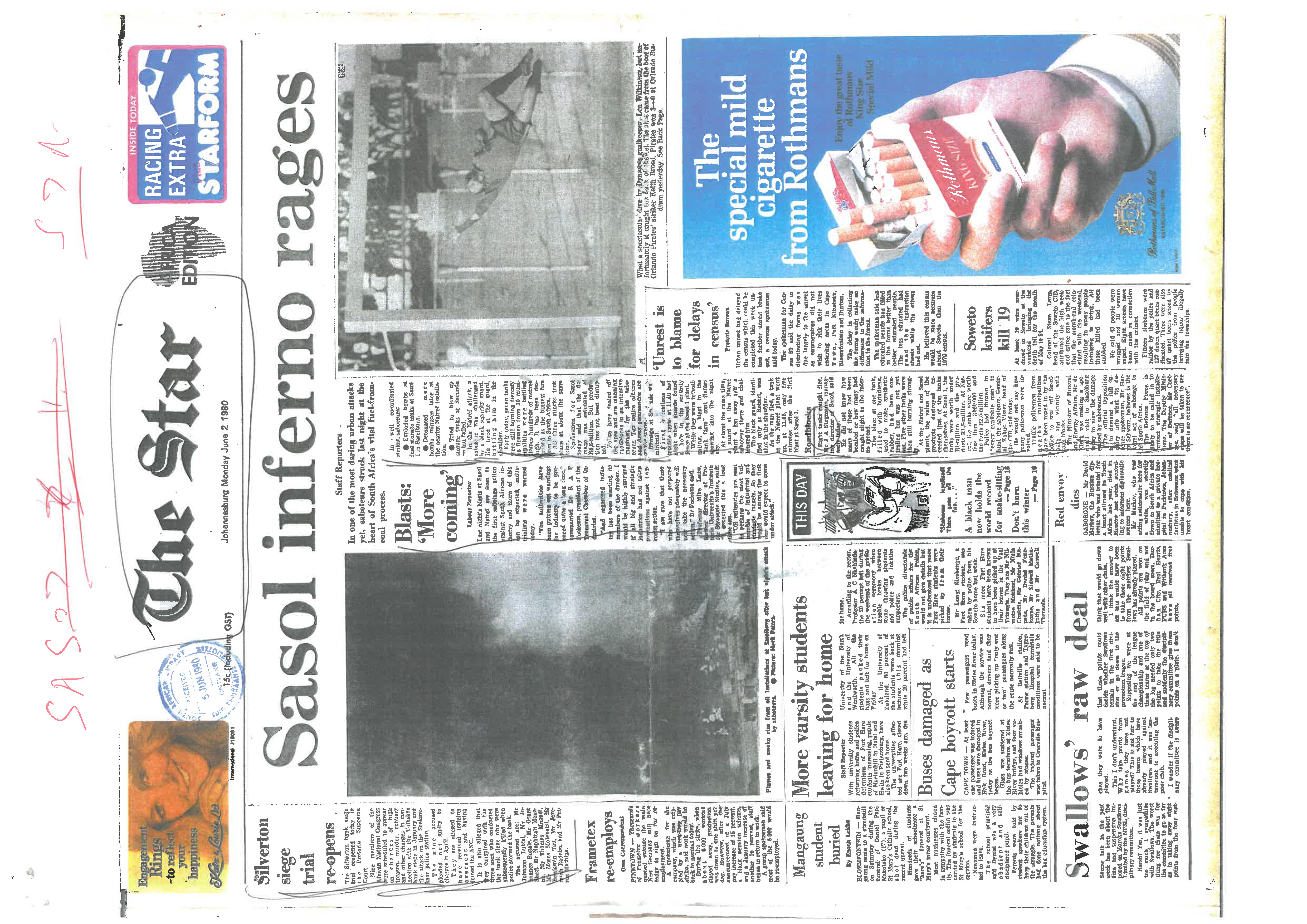 Sasol inferno rages, The Star African Edition, 2 June 1980