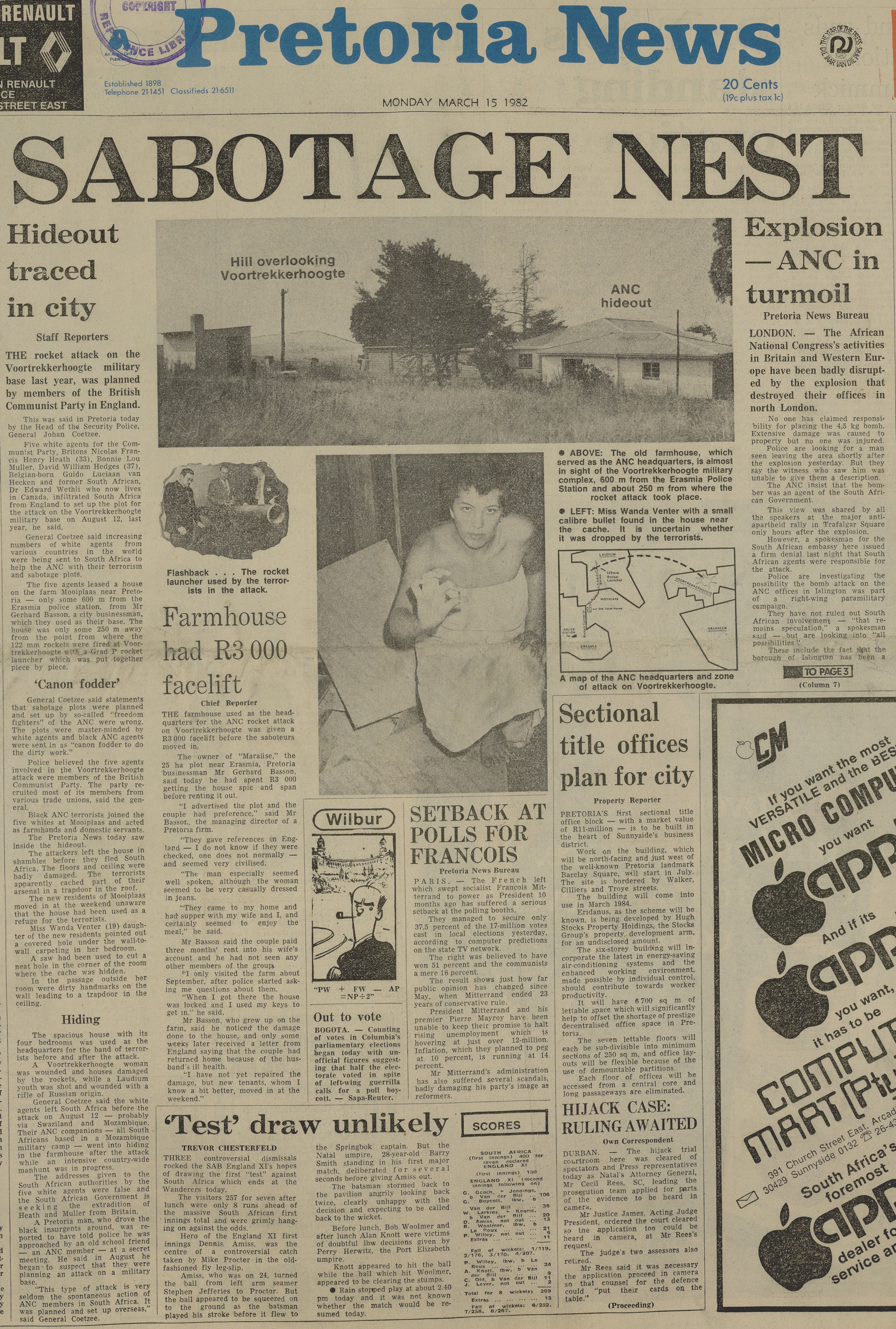 Sabotage nest, Pretoria News, 15 March 1982