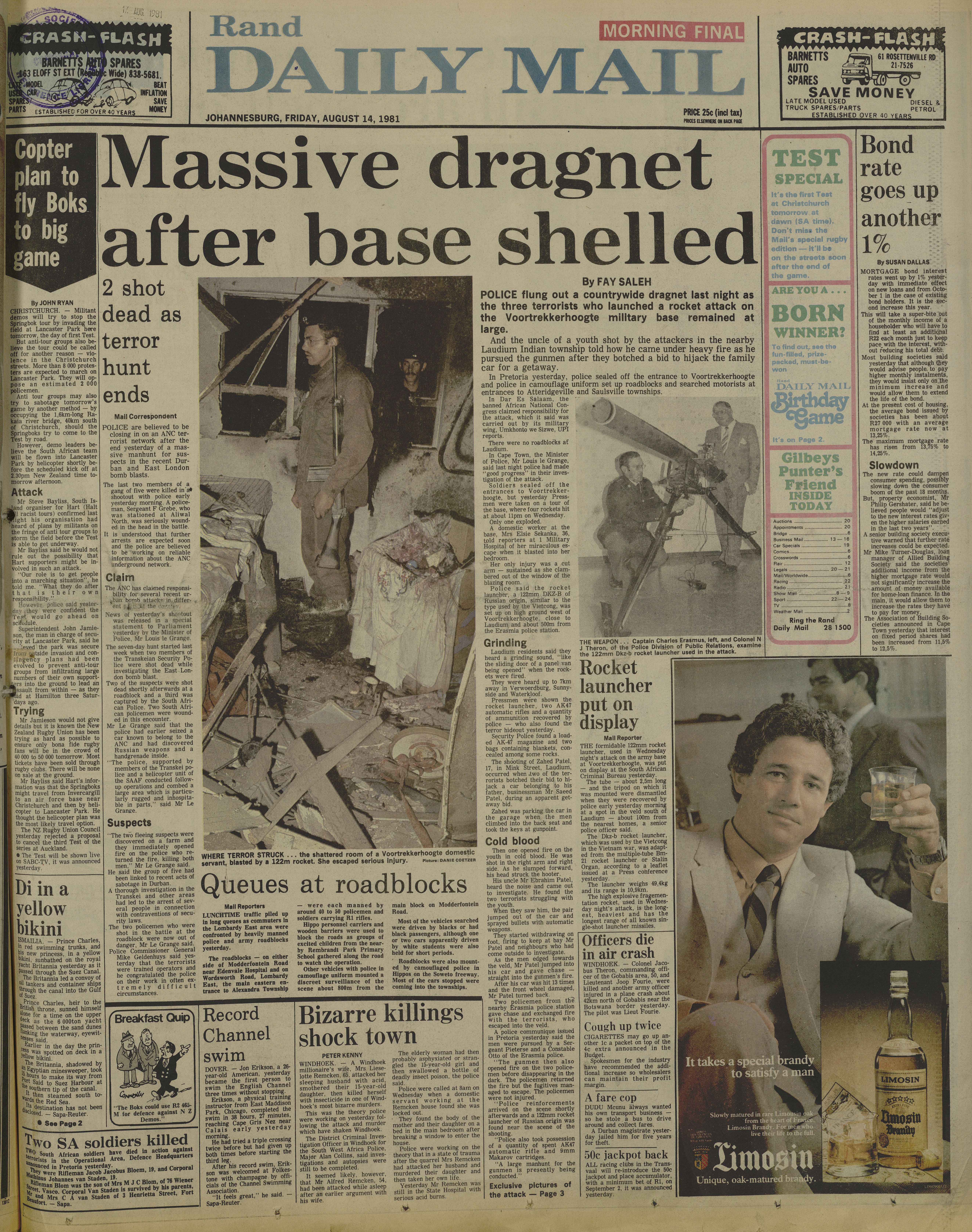 Massive dragnet after base shelled, Fay Saleh, Rand Daily Mail, 14 August 1981