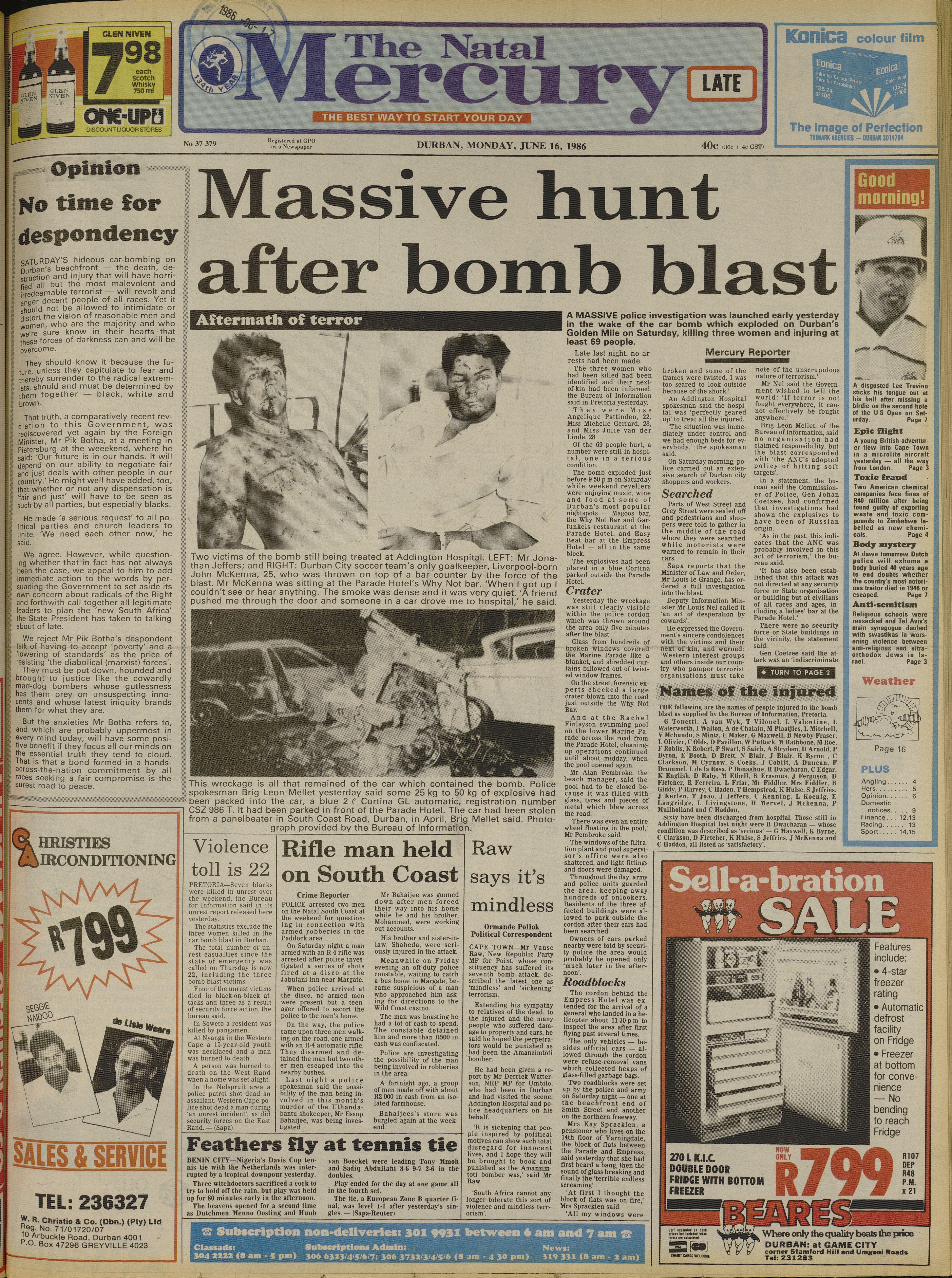 Massive Hunt After Bomb Blast, The Natal Mercury, 16 June 1986
