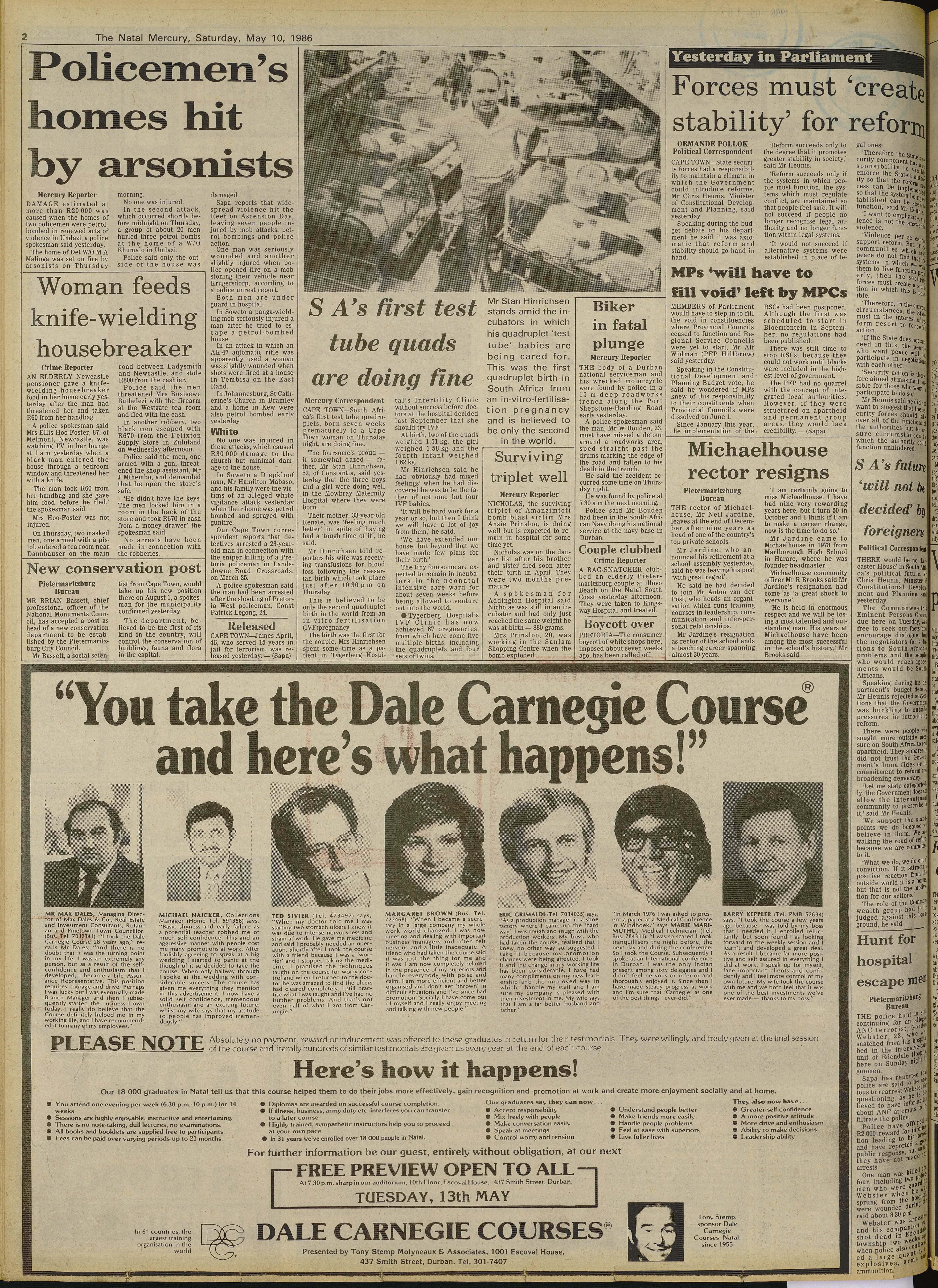 Policemen's homes hit by arsonists, The Natal Mercury, 10 May 1986