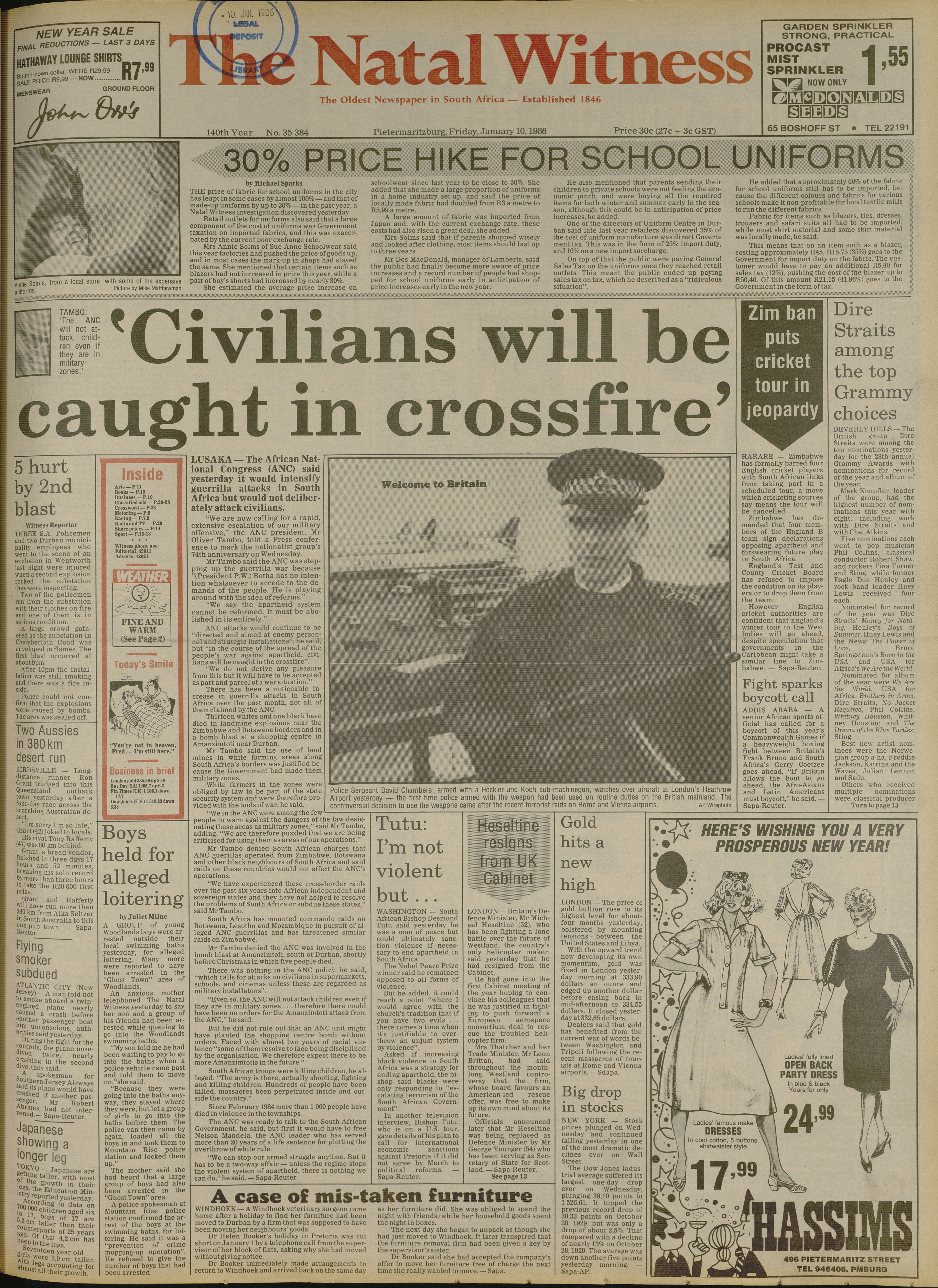 Five hurt by 2nd blast, Natal Witness, 10 January 1986