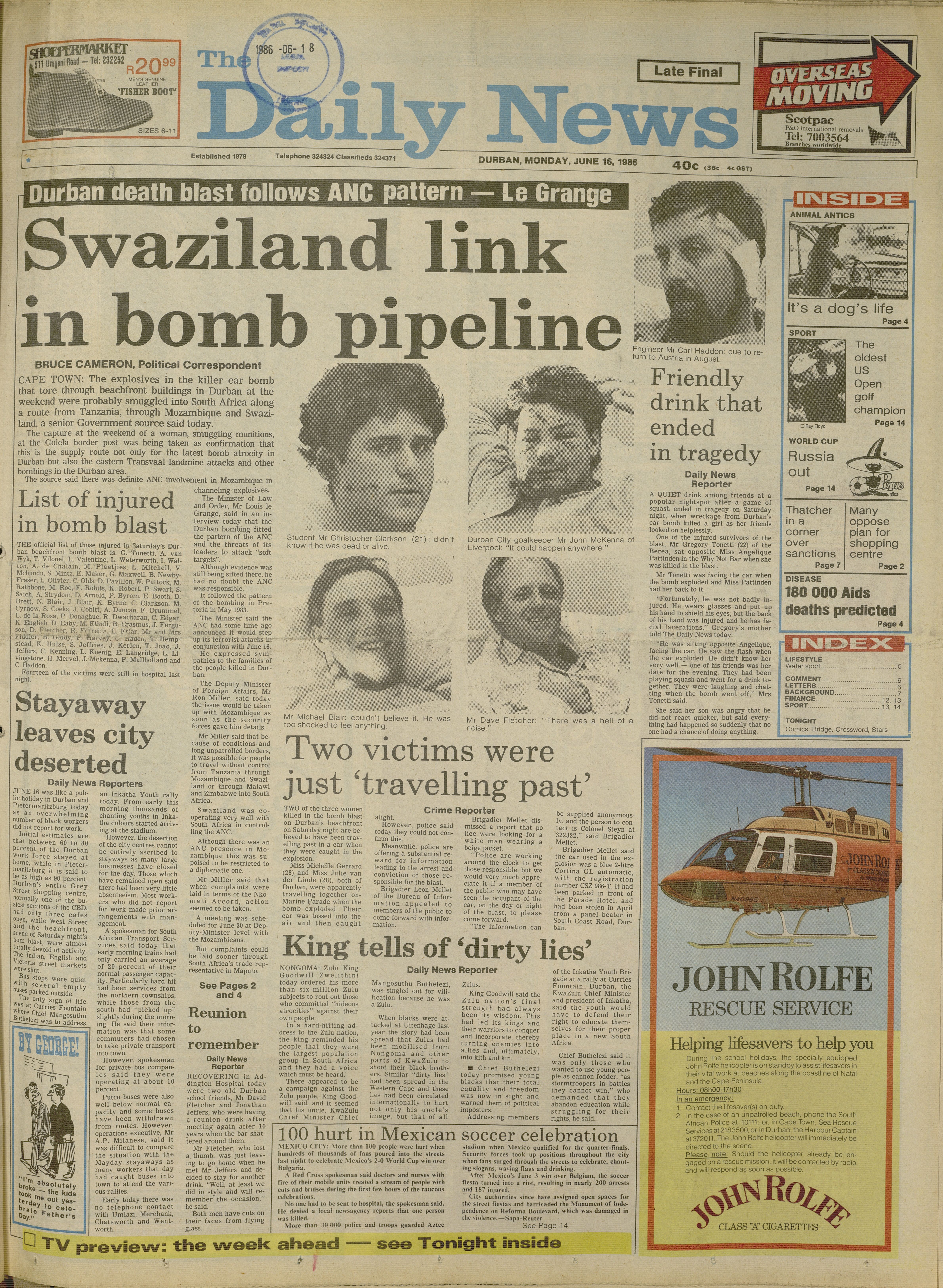 Swaziland link in bomb pipeline, by Bruce Cameron, The Daily News, 16 June 1986