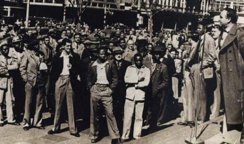 Yusuf Dadoo and Nelson Mandela speak at protest meeting 