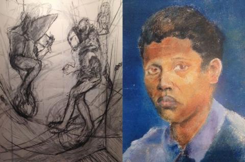 Albert Adams, Paintings and Etchings, is at University Gallery, Northumbria University,Men and apes on a tightrope (2006) self portrait (1950)