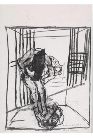 Albert Adams, charcoal sketch, abuse of Iraqi prisoner at Abu Ghraib (2006)
