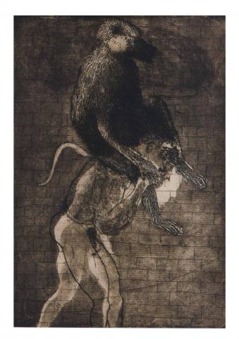 Albert Adams,'Man carrying ape' (2001), Albert Adams archive,Univeristy of Salford,Art Fund Gift