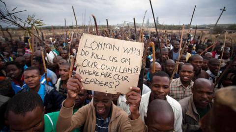 Lomnim mineworkers protesting after the Marikana massacre