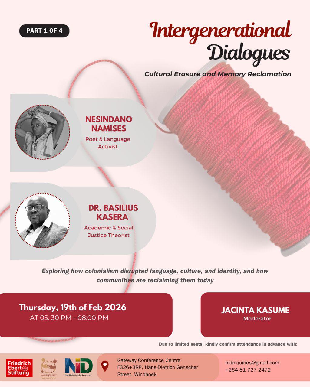  What happens when language is silenced, memory is fractured, and culture is pushed to the margins, and how do we reclaim what was taken?  Join Friedrich-Ebert-Stiftung for the first Intergenerational Dialogue under Threads to Remembrance: Building an Inclusive and Informed Namibia, where elders and youth come together to reflect on the lasting impacts of colonial erasure and the power of memory, language, and storytelling as acts of resistance and restoration.