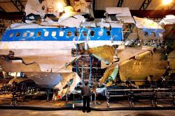 The reconstructed remains of Pan Am flight 103 lie in a warehouse in Farnborough, England .PETER MACDIARMID/GETTY IMAGES