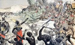 A painting depicts German soldiers shooting Herero people in 1904. Photograph: Chris Hellier/Corbis via Getty Images