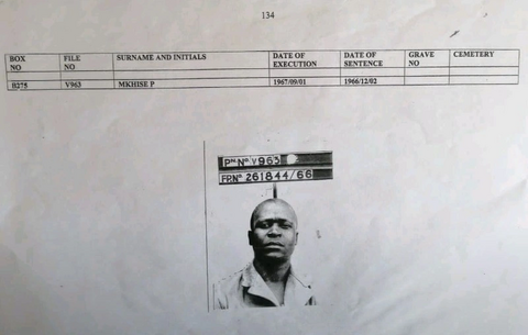 Primary Prison record and identification photograph of Petros Sipho Sibusiso Mkhize, Pretoria Central Prison, 1967
