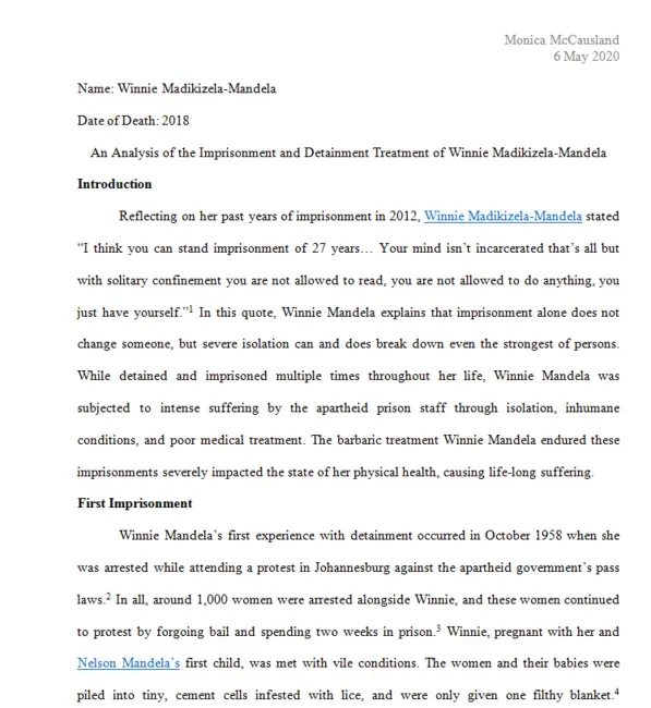 An Analysis of the Imprisonment and Detainment Treatment of Winnie Madikizela-Mandela by Monica McCausland