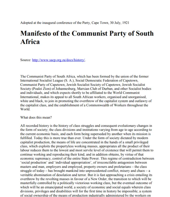 Manifesto of the Communist Party of South Africa by SACP, 30 July 1921, Cape Town