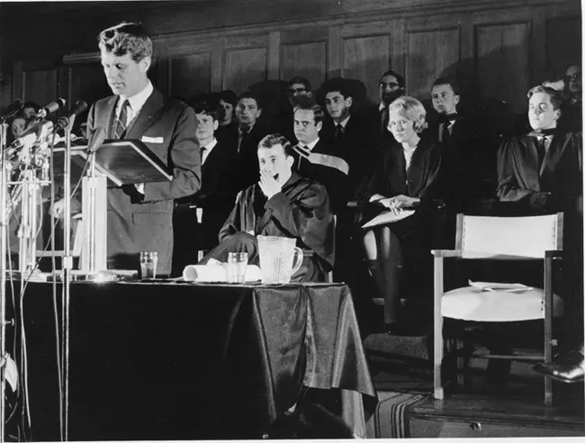 Robert Kennedy, American politician, speaks at the University of Cape Town about the racial inequality of apartheid