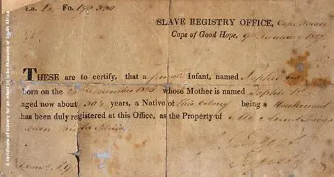 A certificate of slavery for an infant named Sophie