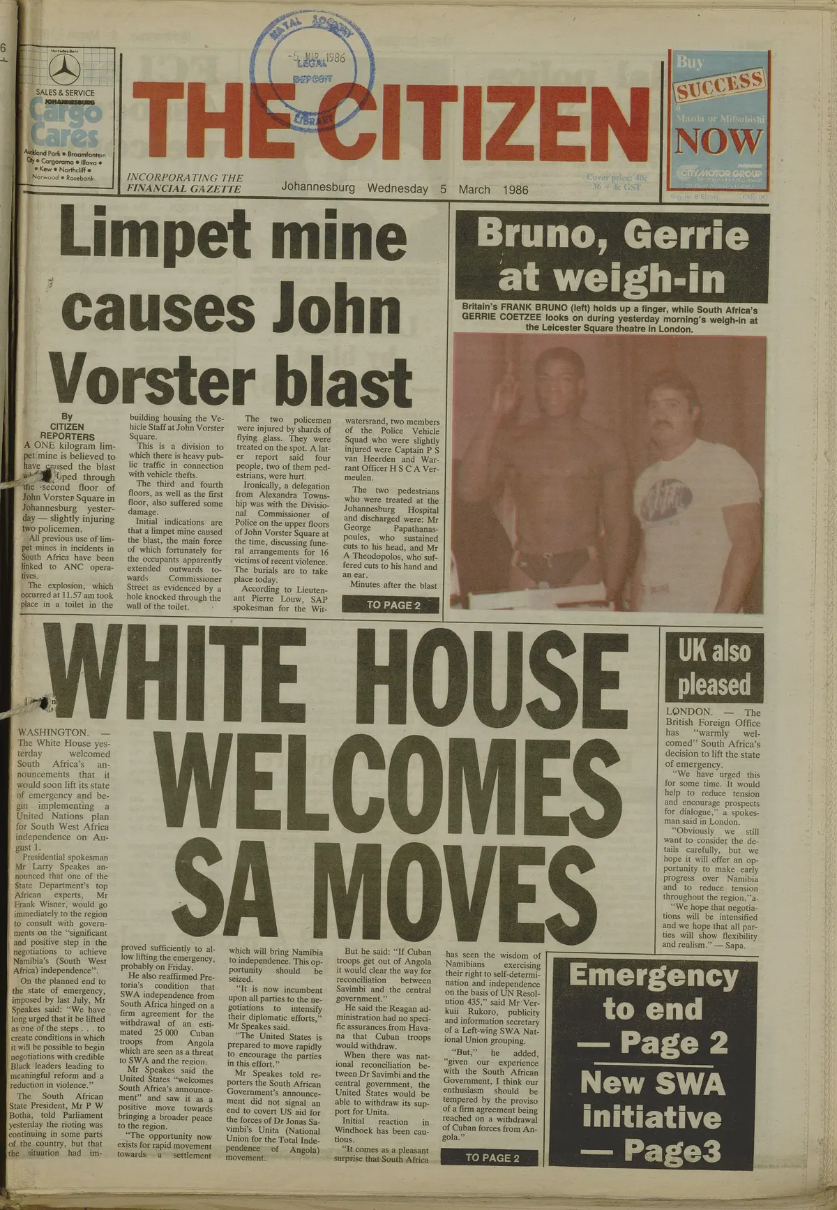 Police station operations 1986, Limpet mine causes John Vorster blast, Citizen, 5 March 1986 