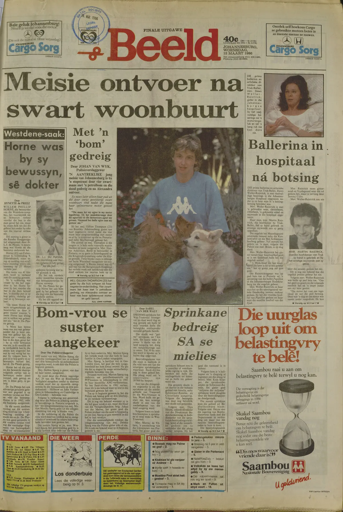 Police station operations, 1986, Bom-vrou se suster aangekeer, Beeld, 14 March 1986 