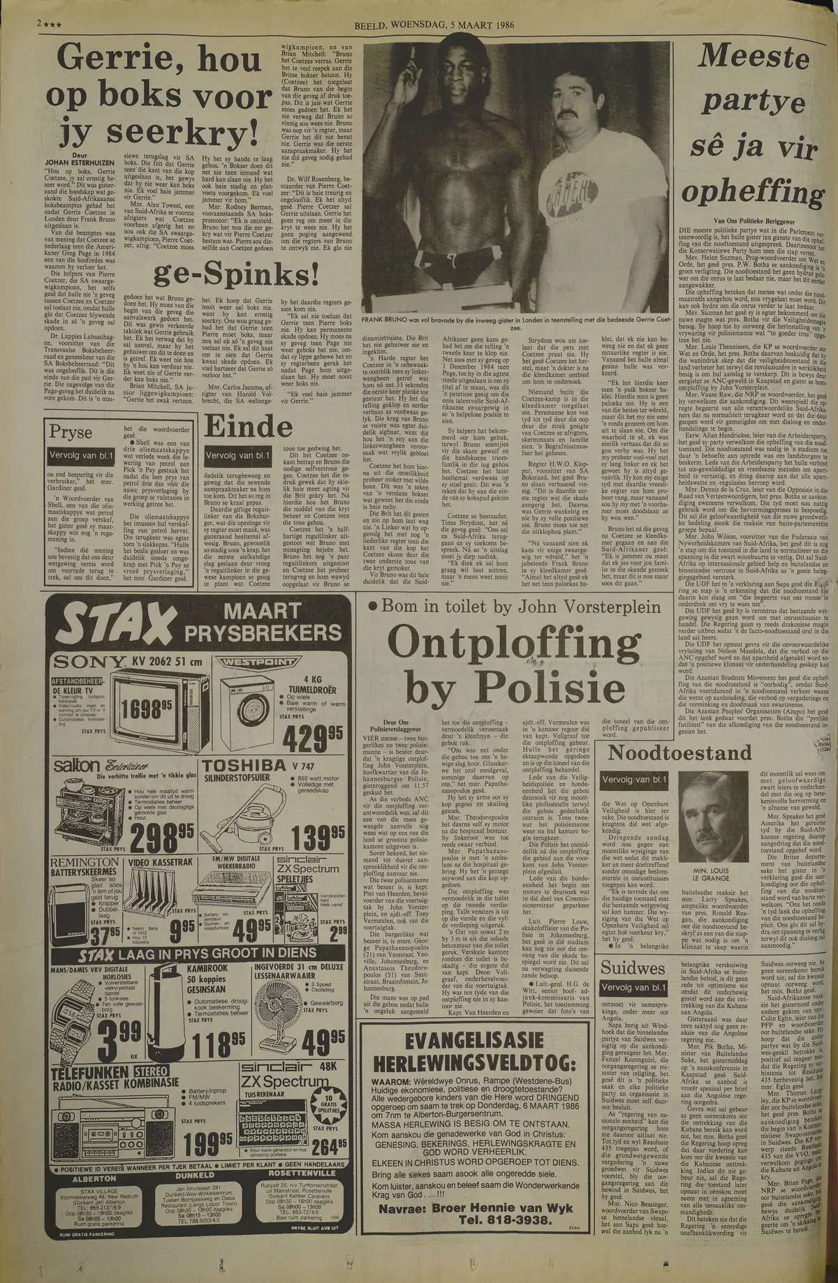 Police station operations, 1986, Ontploffing by Polisie, Beeld, 5 March 1986 