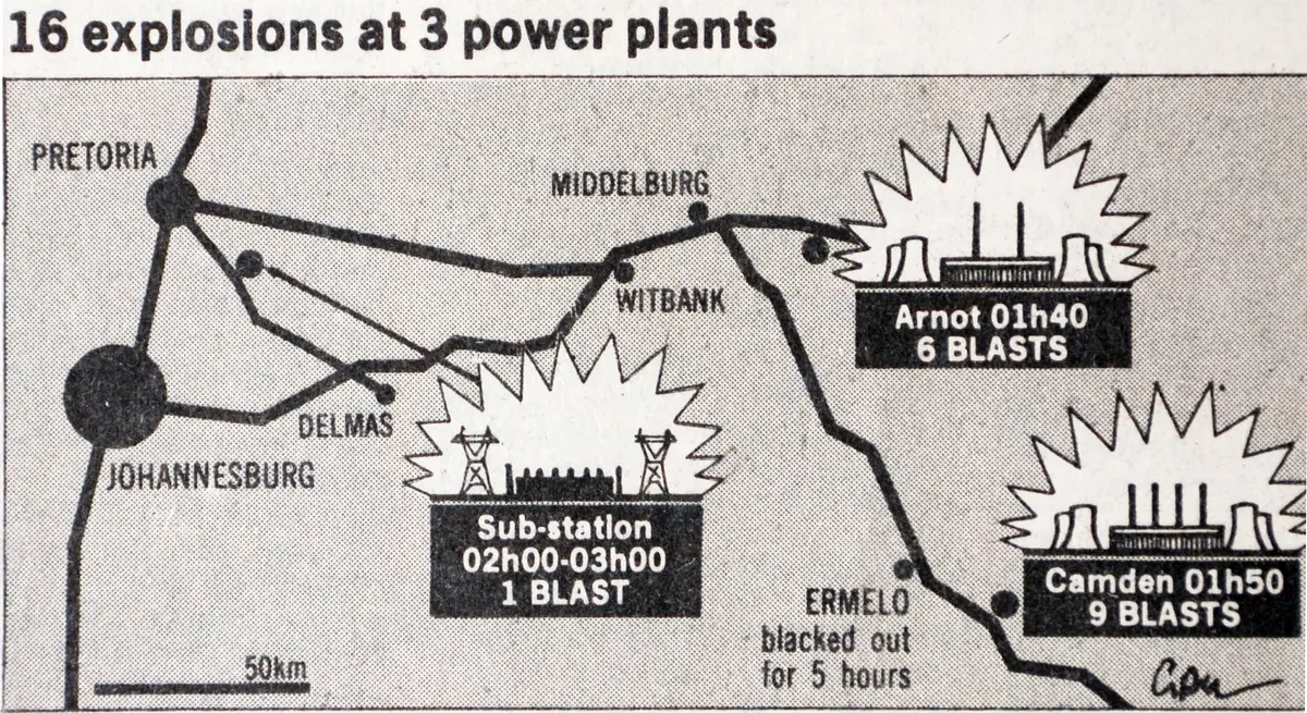 Power stations operation,  21 July 1981, 16 explosions at 3 power stations diagram, Independent Media