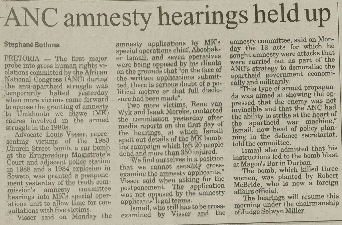 SA Air Force operation, ANC amnesty hearings held up,  Pretoria News, 23 May 1998SA Air Force operation, ANC amnesty hearings held up,  Pretoria News, 23 May 1998
