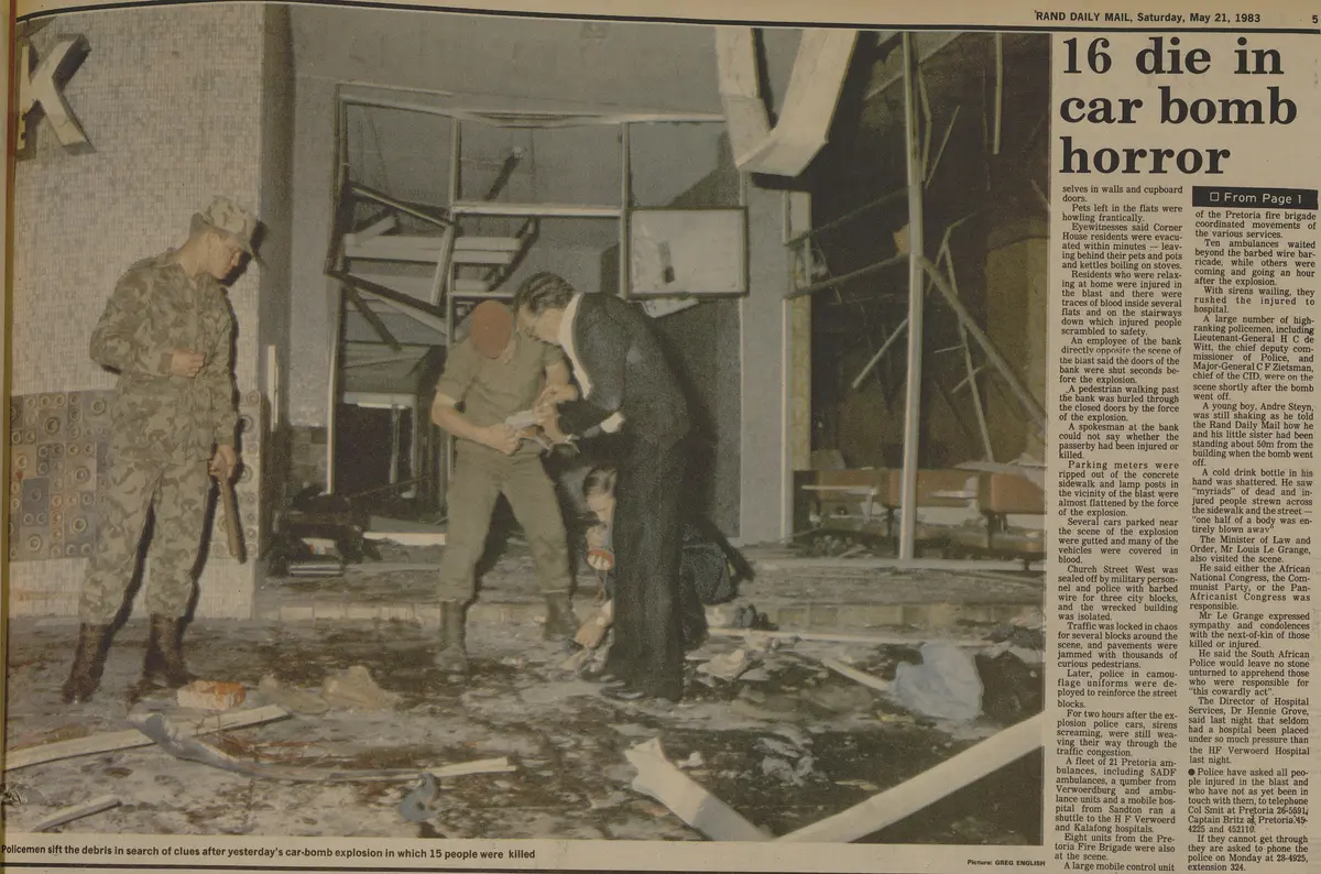 SA Air Force operation, 16 die in terror blast, The Rand Daily Mail,  21 May 1983