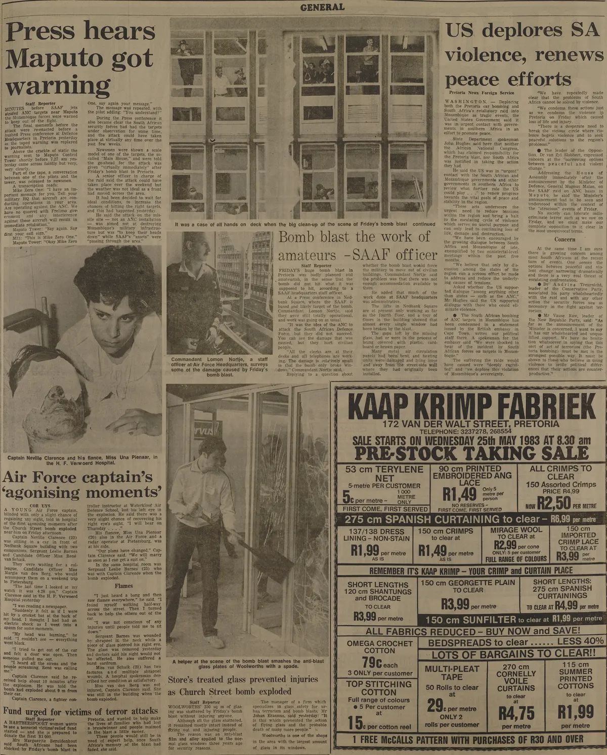 SA Air Force operation, US deplores SA violence, renews peace efforts, Pretoria News, May 1983