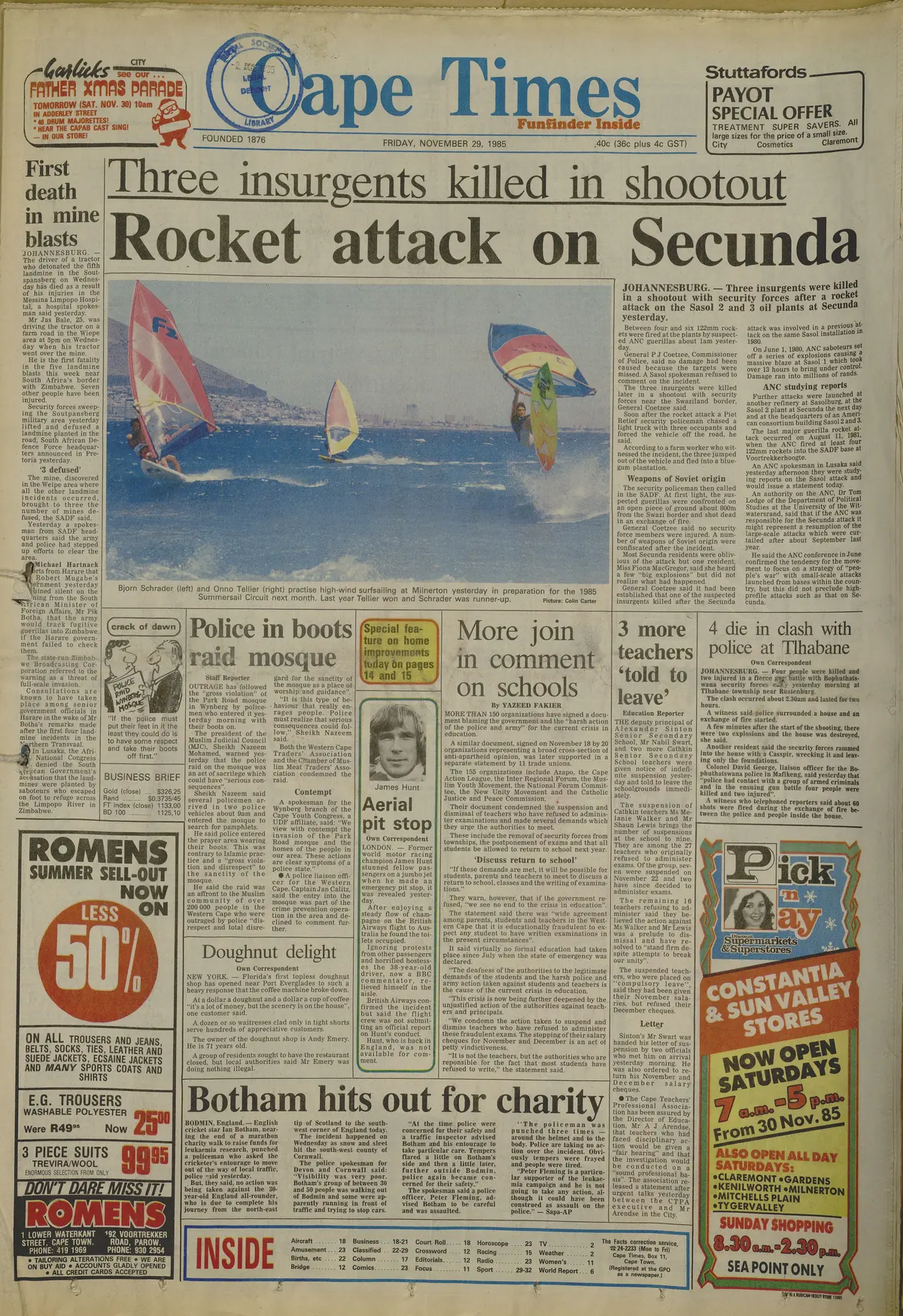 Rocket attack on Secunda, Cape Times, 29 November 1985