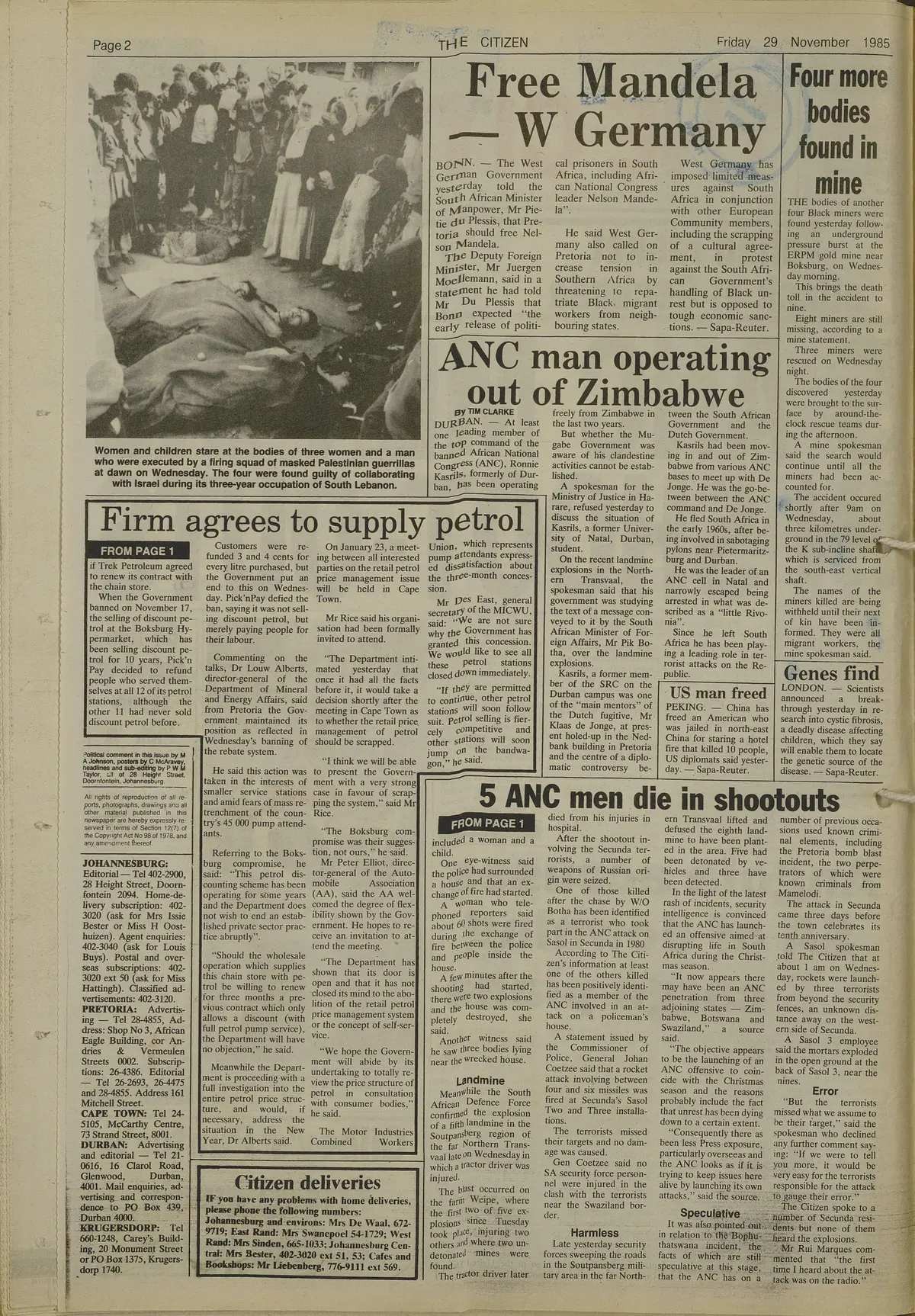  5 ANC men die in shoot-outs, by Tony Stirling, The Citizen, 28 November 1985
