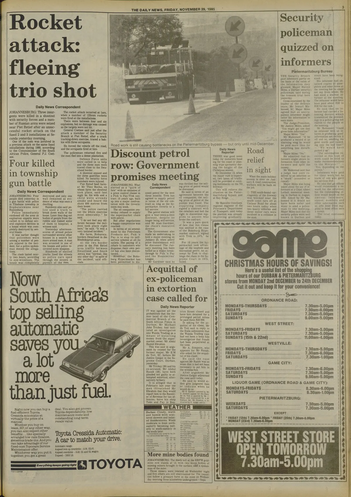 Rocket attack: fleeing trio shot, The Daily News, 29 November 1985