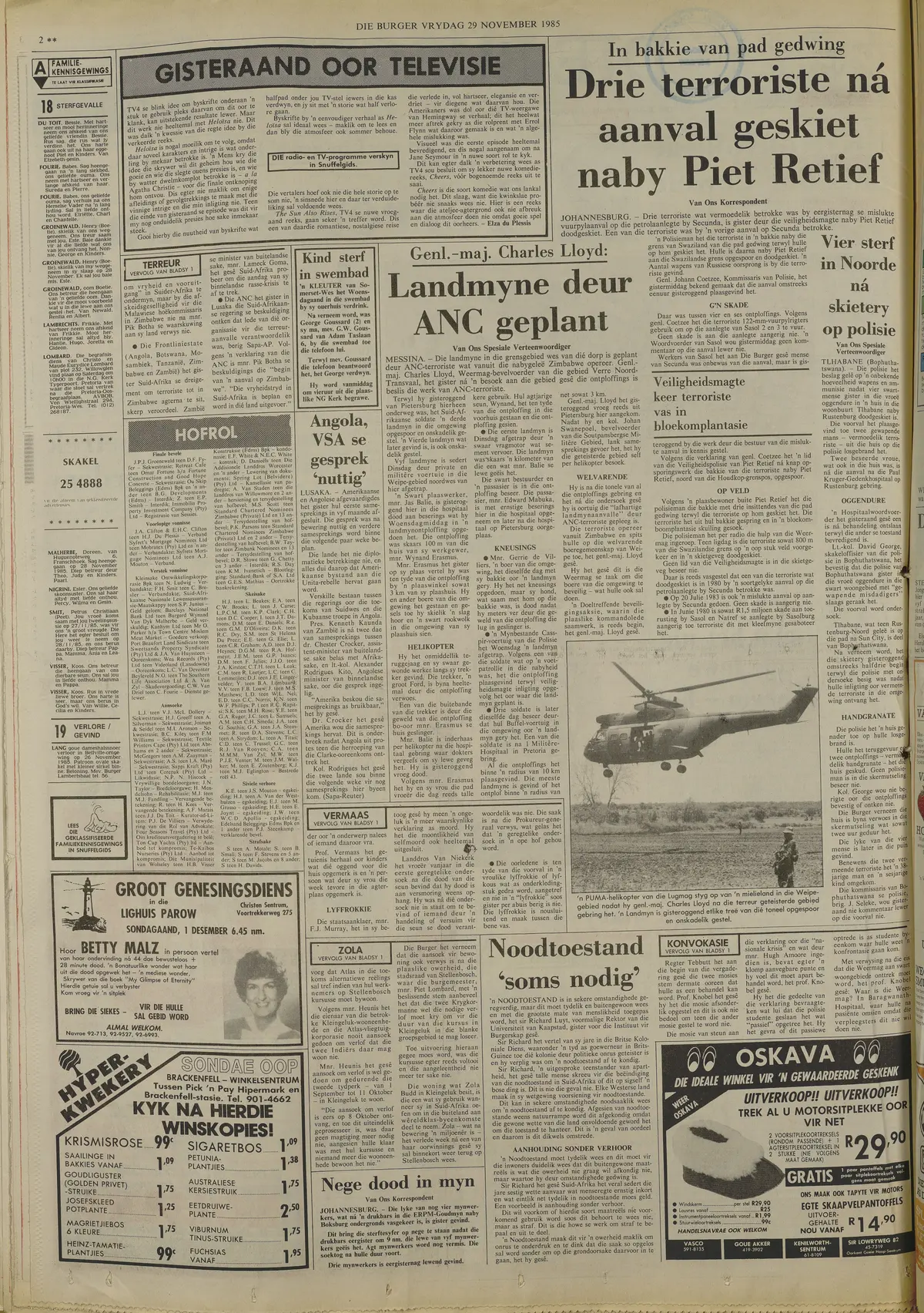 Drie terroriste na aanval geskiet naby Piet Retief, Die Burger, 29 November 1985