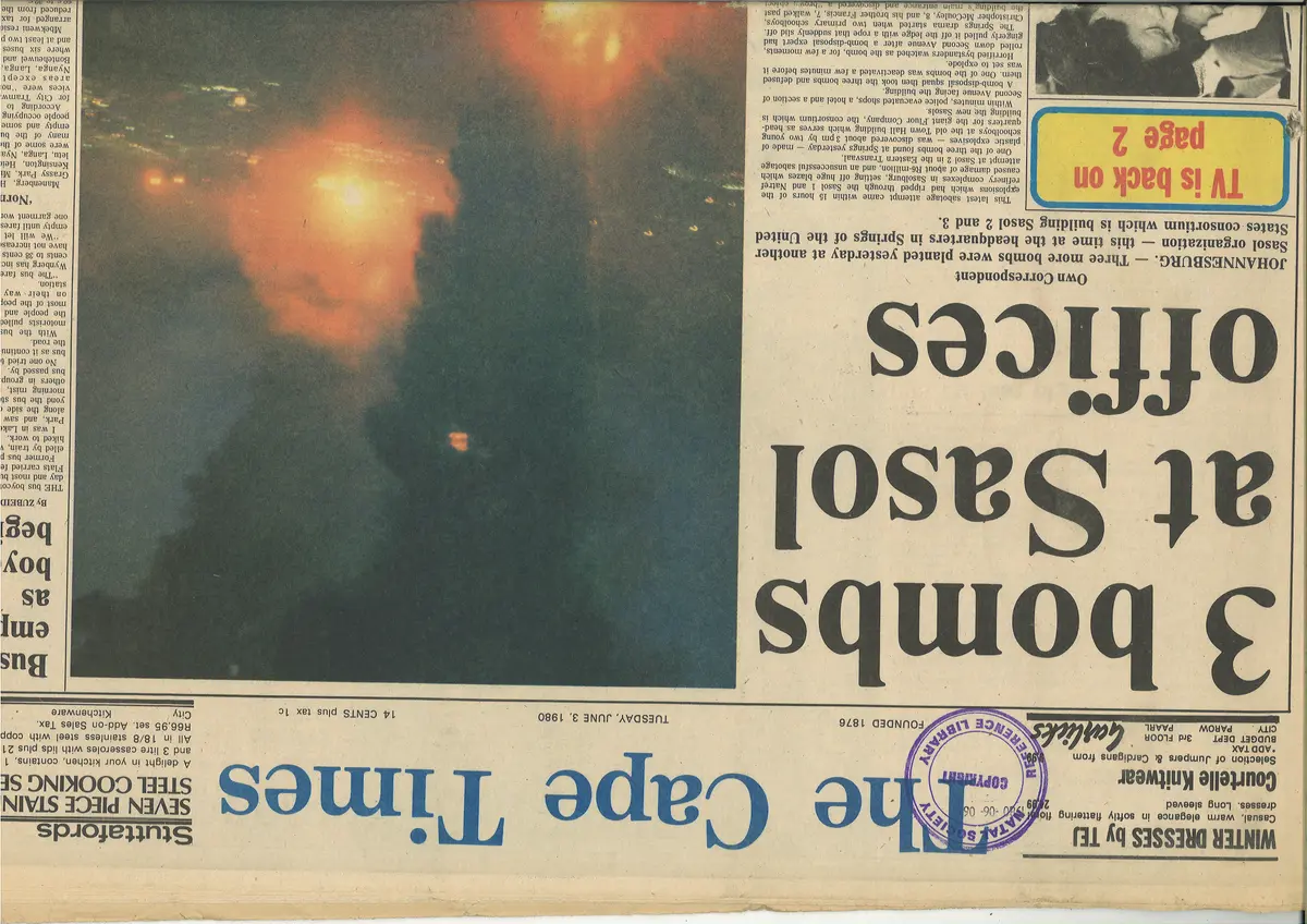 Three bombs at Sasol offices, The Cape Times, 3 June 1980, Part 1