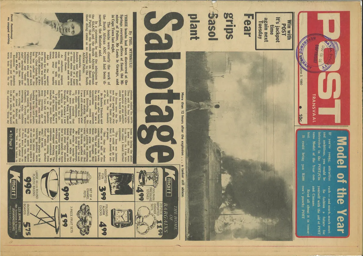 Sabotage, fear grips Sasol plant, by Phil Mtimkulu, Post Transvaal, 3 June 1980, Part 1