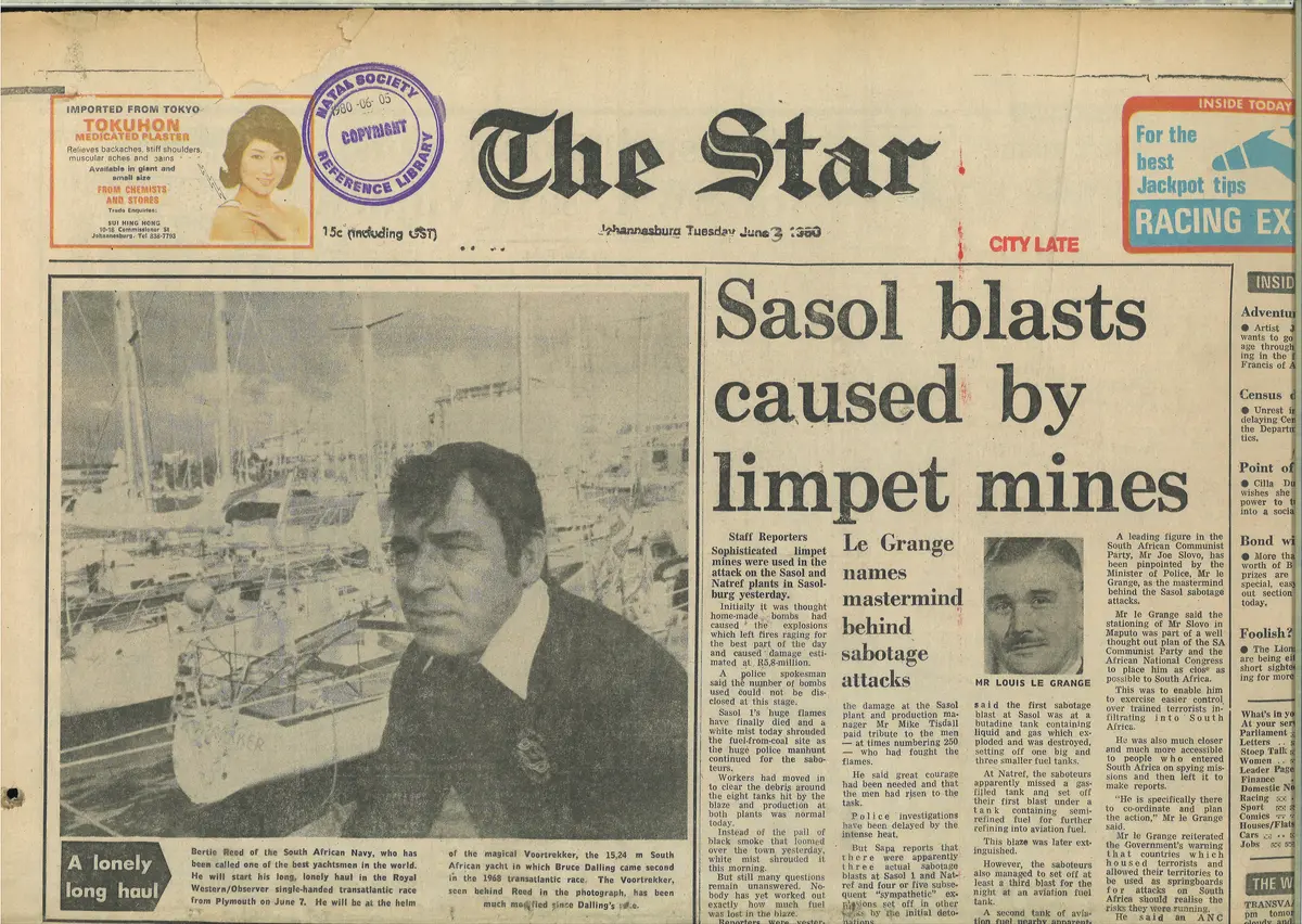 Sasol blast caused by limpet mines, The Star, 3 June 1980