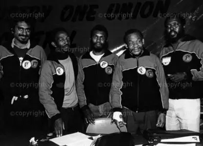 South Africa Johannesburg 1987.COSATU members Jay Naidoo, Chris Dlamini, Sydney Mafumadi,Elijah Barayi, Xulu. unions, workers